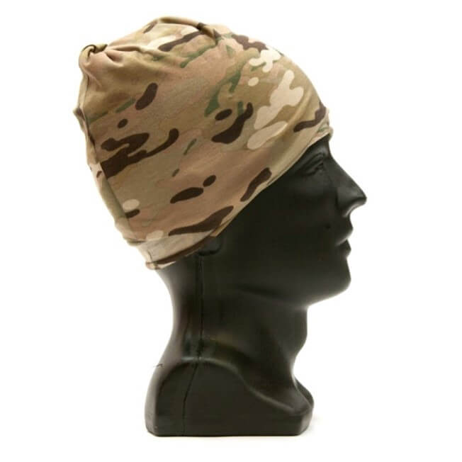 A camouflage bandana on a mannequin head  Description automatically generated