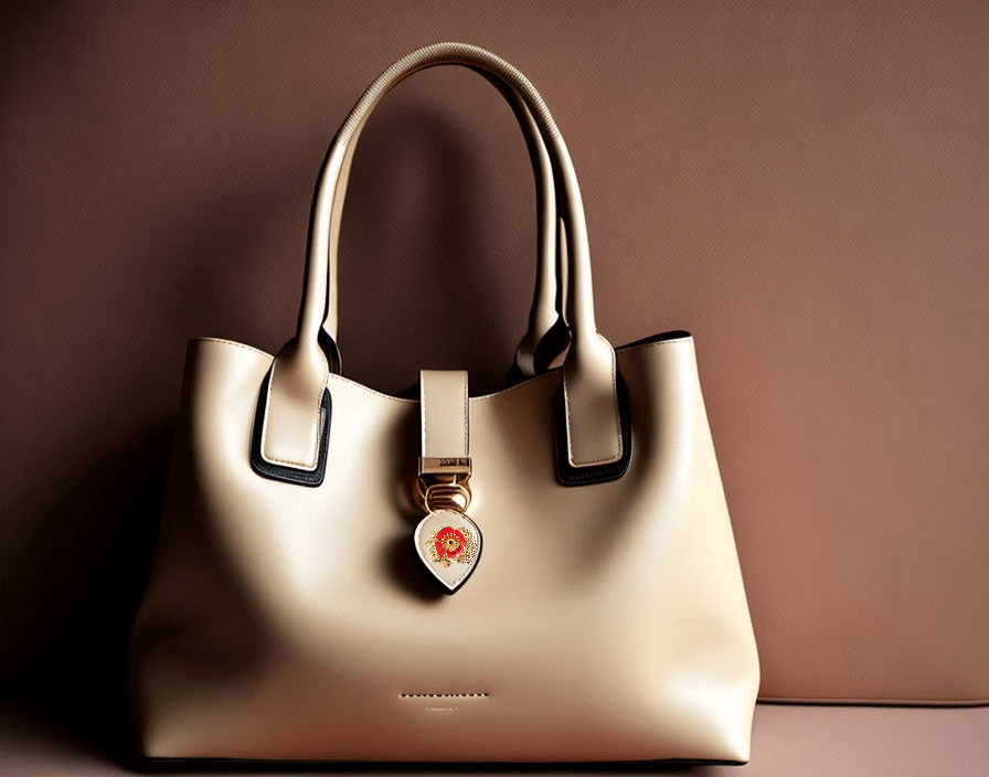 A tan purse with a gold heart on it