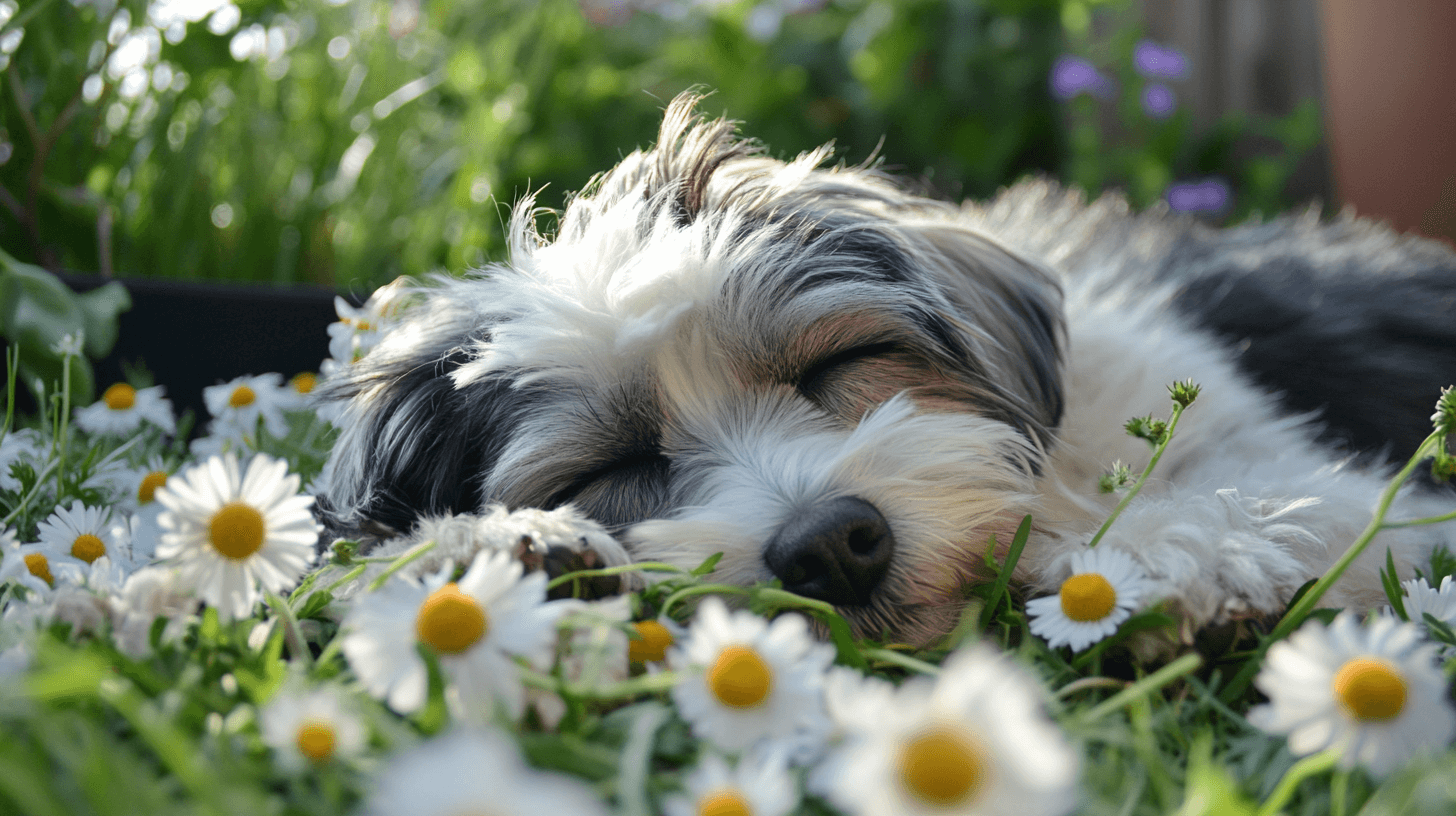 Relaxed dog sleeping in a field of chamomile flowers, showcasing the calming benefits of chamomile powder for reducing stress in pets.