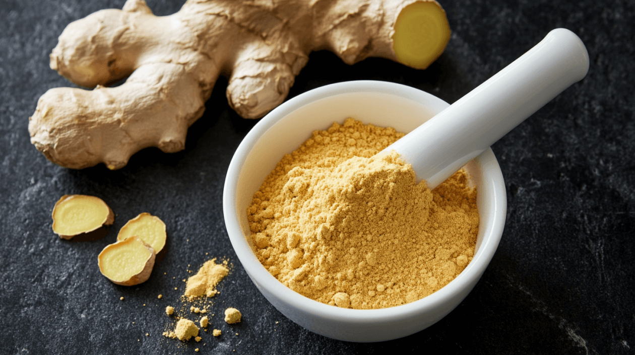 A close-up image of fresh organic ginger root and a bowl of ginger powder with a mortar and pestle, illustrating the natural and organic source of ginger root for health benefits.