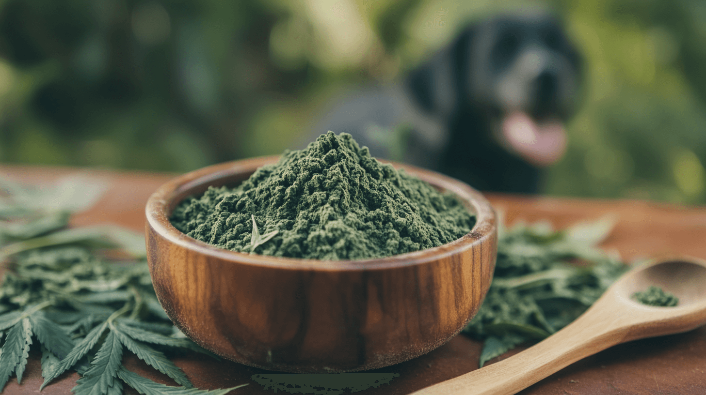 Hemp Protein Powder in Wooden Bowl with Fresh Hemp Leaves and Spoon on Table, Dog in Background