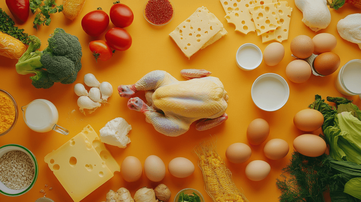 Flat lay of fresh foods like chicken, eggs, broccoli, and grains on an orange background, showcasing ingredients for a healthy diet.