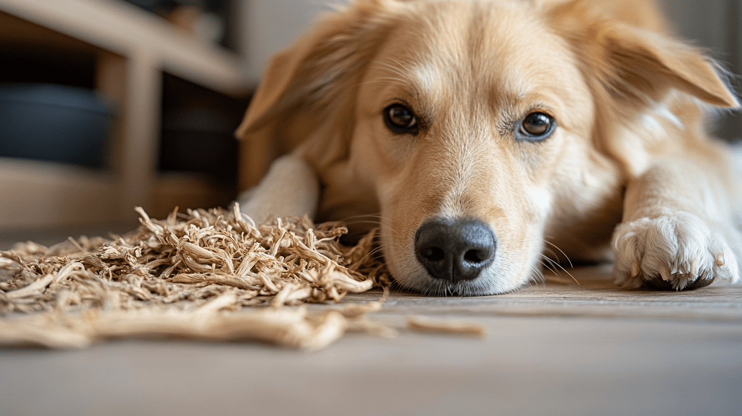 Golden Retriever lying down beside a pile of Valerian roots, depicting the use of this natural remedy in canine care.