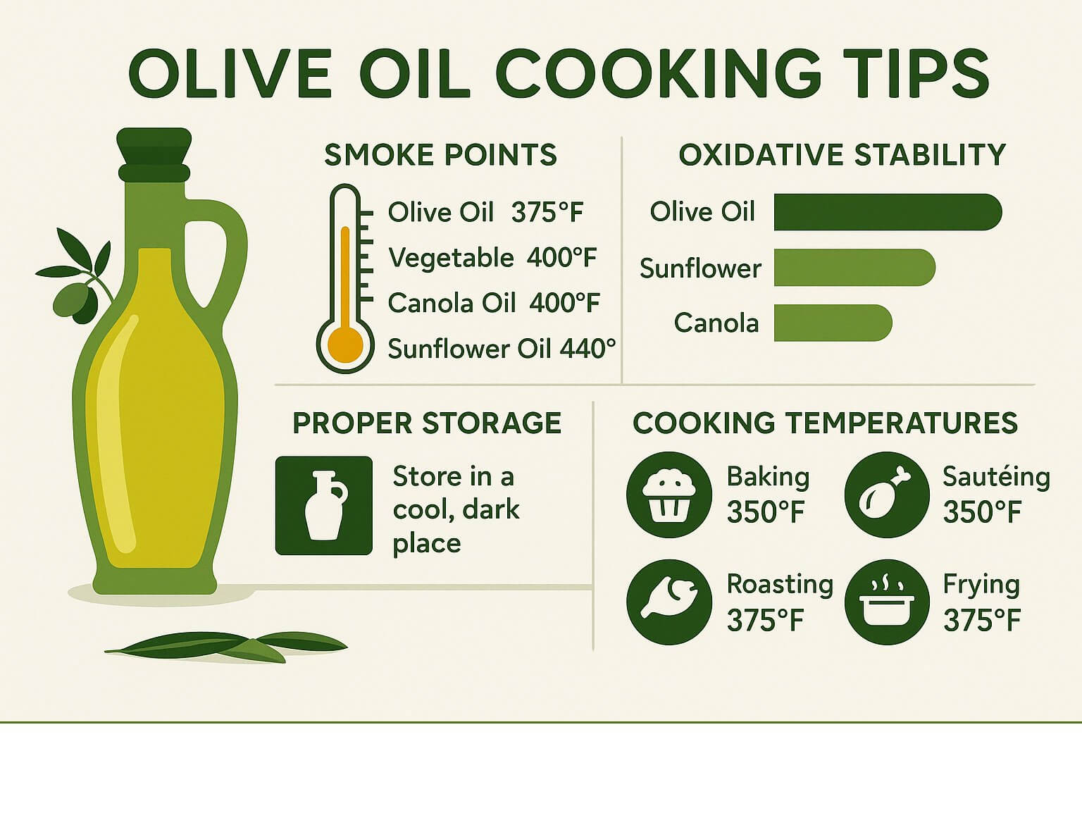 Comprehensive infographic showing olive oil smoke points, oxidative stability comparison with other cooking oils, proper storage methods, and temperature guidelines for different cooking techniques - olive oil cooking tips infographic 