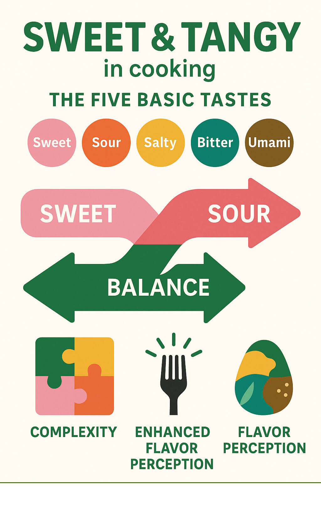 Infographic showing the five basic tastes (sweet, sour, salty, bitter, umami) with arrows demonstrating how sweet and sour complement each other to create balance, complexity, and improved flavor perception in cooking - sweet and tangy infographic 