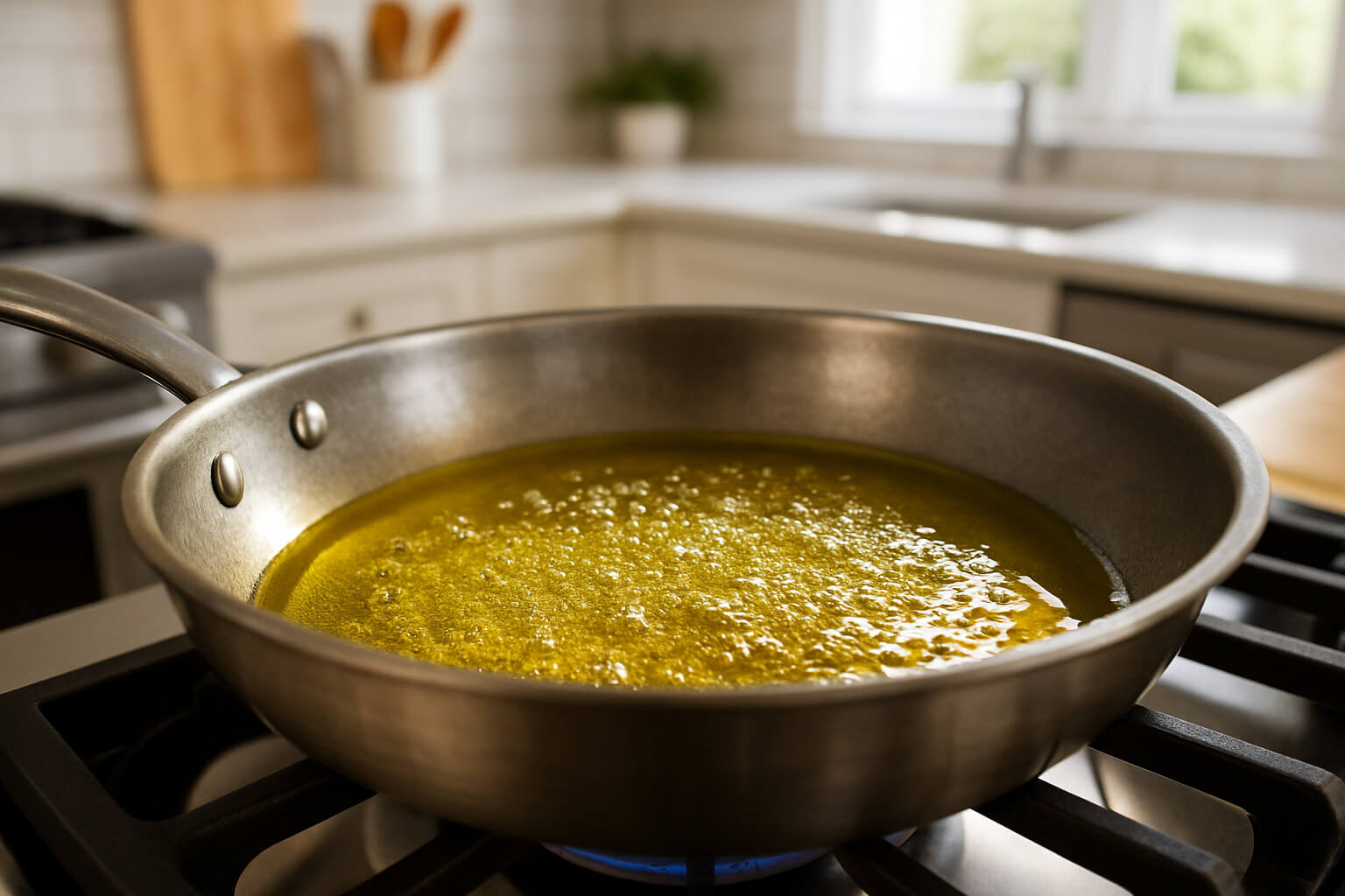 sizzling pan with olive oil - olive oil cooking tips