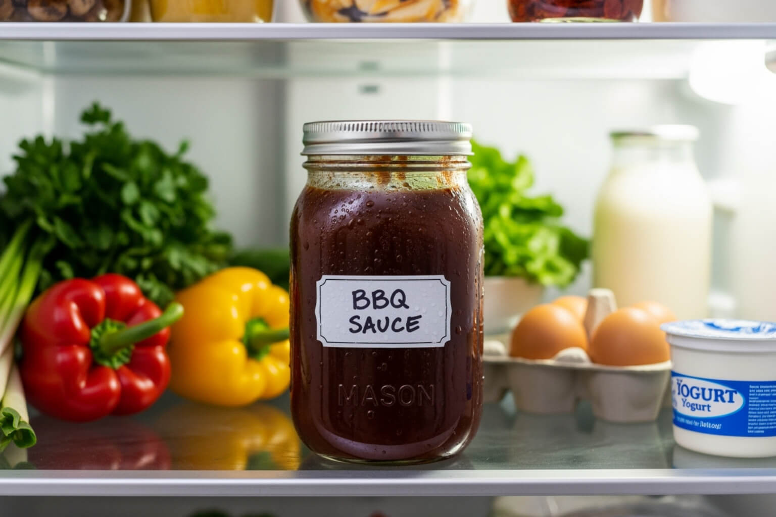 homemade BBQ sauce in a sealed mason jar in a refrigerator - sweet and tangy