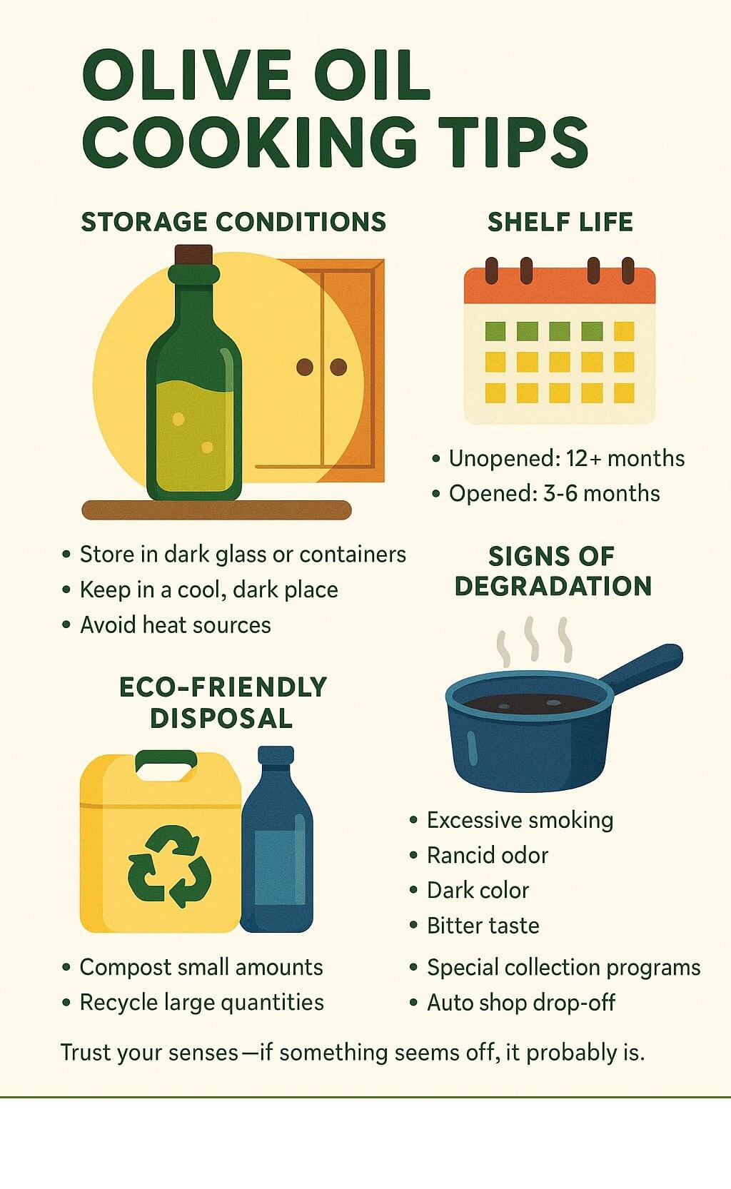 Infographic showing proper olive oil storage conditions, shelf life indicators, signs of oil degradation, and eco-friendly disposal methods - olive oil cooking tips infographic 
