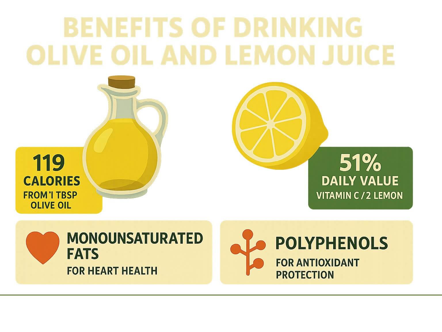 Infographic showing daily nutrient breakdown of olive oil and lemon juice combination, including 119 calories from 1 tablespoon olive oil, 51% daily vitamin C from half a lemon, monounsaturated fats for heart health, and polyphenols for antioxidant protection - benefits of drinking extra virgin olive oil and lemon juice infographic 