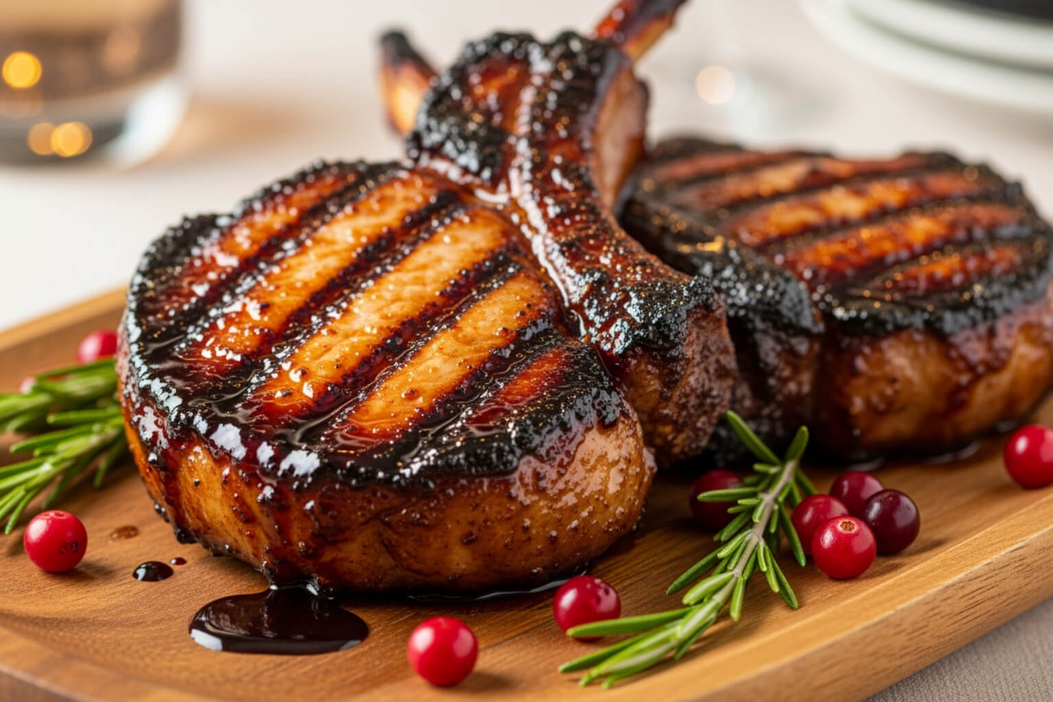 glistening, balsamic-glazed pork chops on a platter. - how to use dark chocolate balsamic vinegar