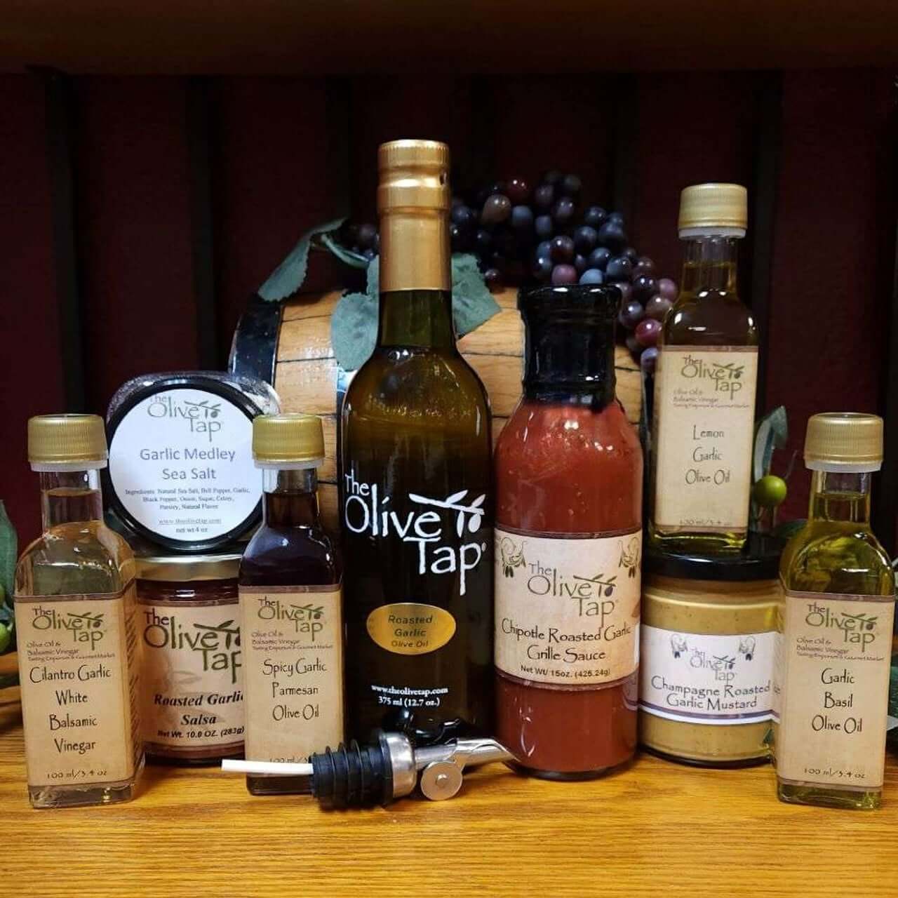 An Assortment of Fancy Olive Oils and Gourmet Foods