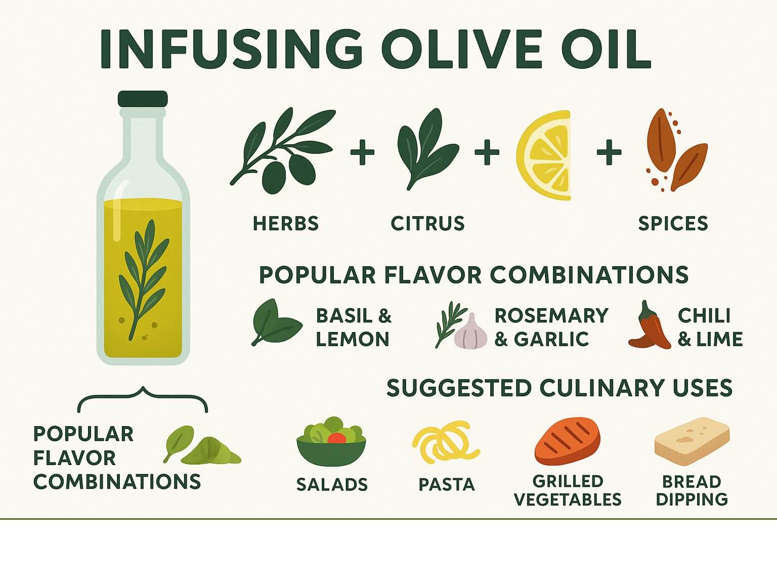 Detailed infographic showing the infusion process of olive oils with various ingredients like herbs, citrus, and spices, alongside popular flavor combinations and suggested culinary uses - infused olive oil gift set infographic 