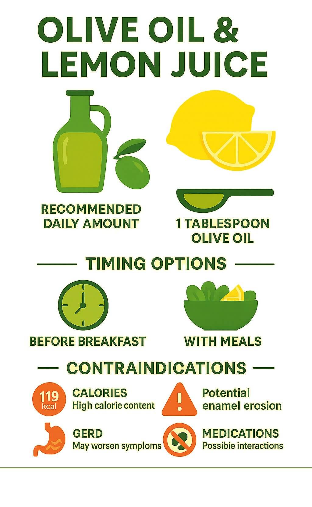 Infographic showing recommended daily amounts, timing options, and contraindications for olive oil and lemon juice consumption - benefits of drinking extra virgin olive oil and lemon juice infographic 