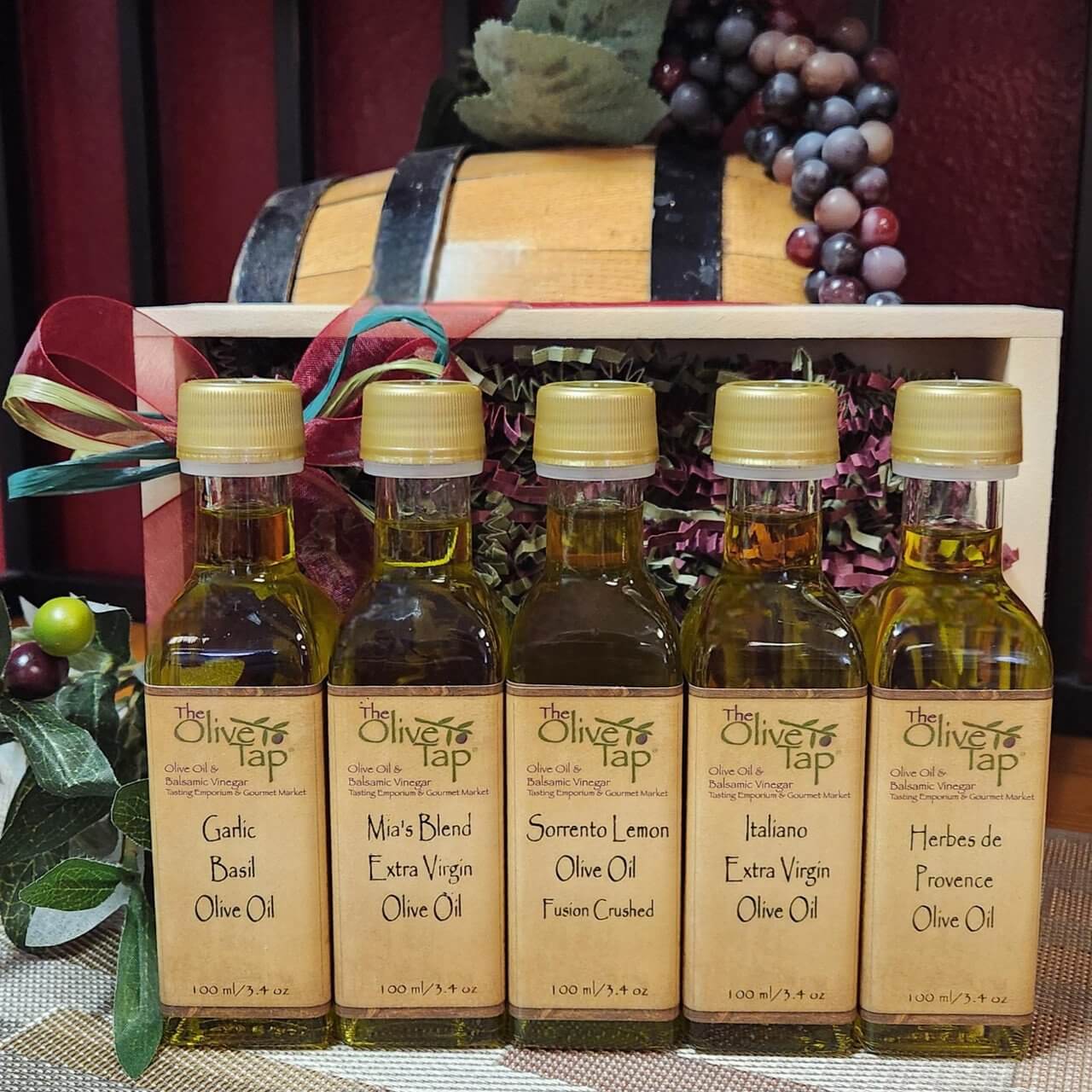 5 Bottles of Olive Oil in a Wooden Box