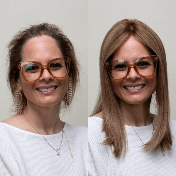 Before and after wearing a hair topper—left shows thinning hair, right shows added volume and coverage.