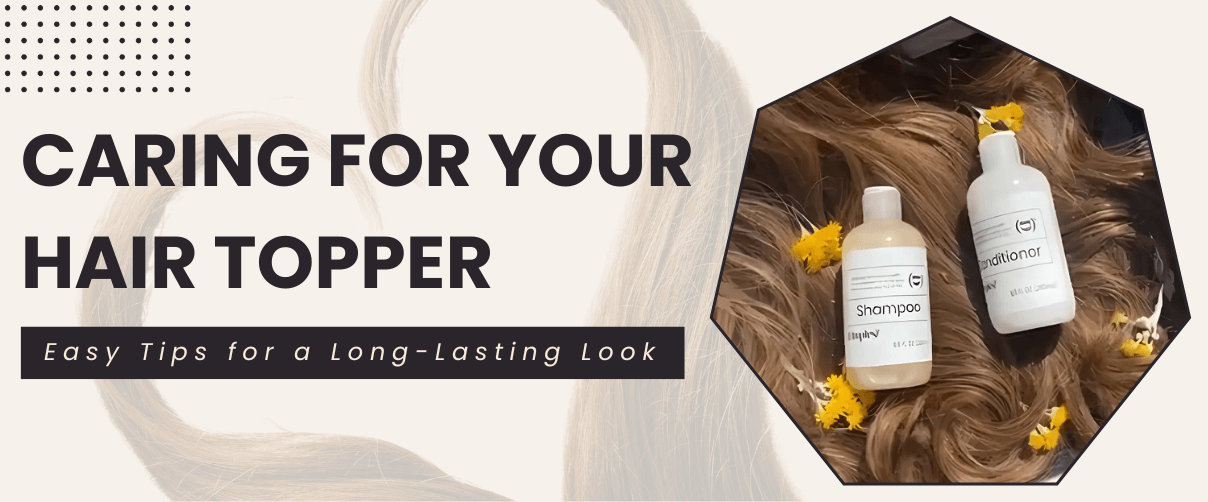 Hair topper care essentials: shampoo and conditioner bottles placed on natural-looking hair with decorative yellow flowers.