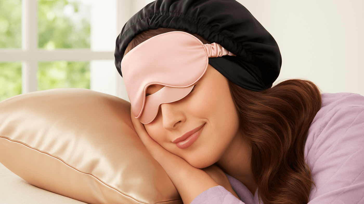 Woman wearing a hair topper sleeps peacefully on a champagne satin pillowcase, with a pink satin eye mask and black sleep cap—showcasing sleep accessories for hair topper care and comfort.
