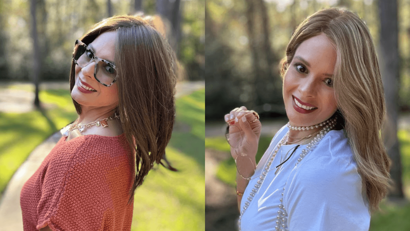 A woman showing the difference between synthetic hair and human hair