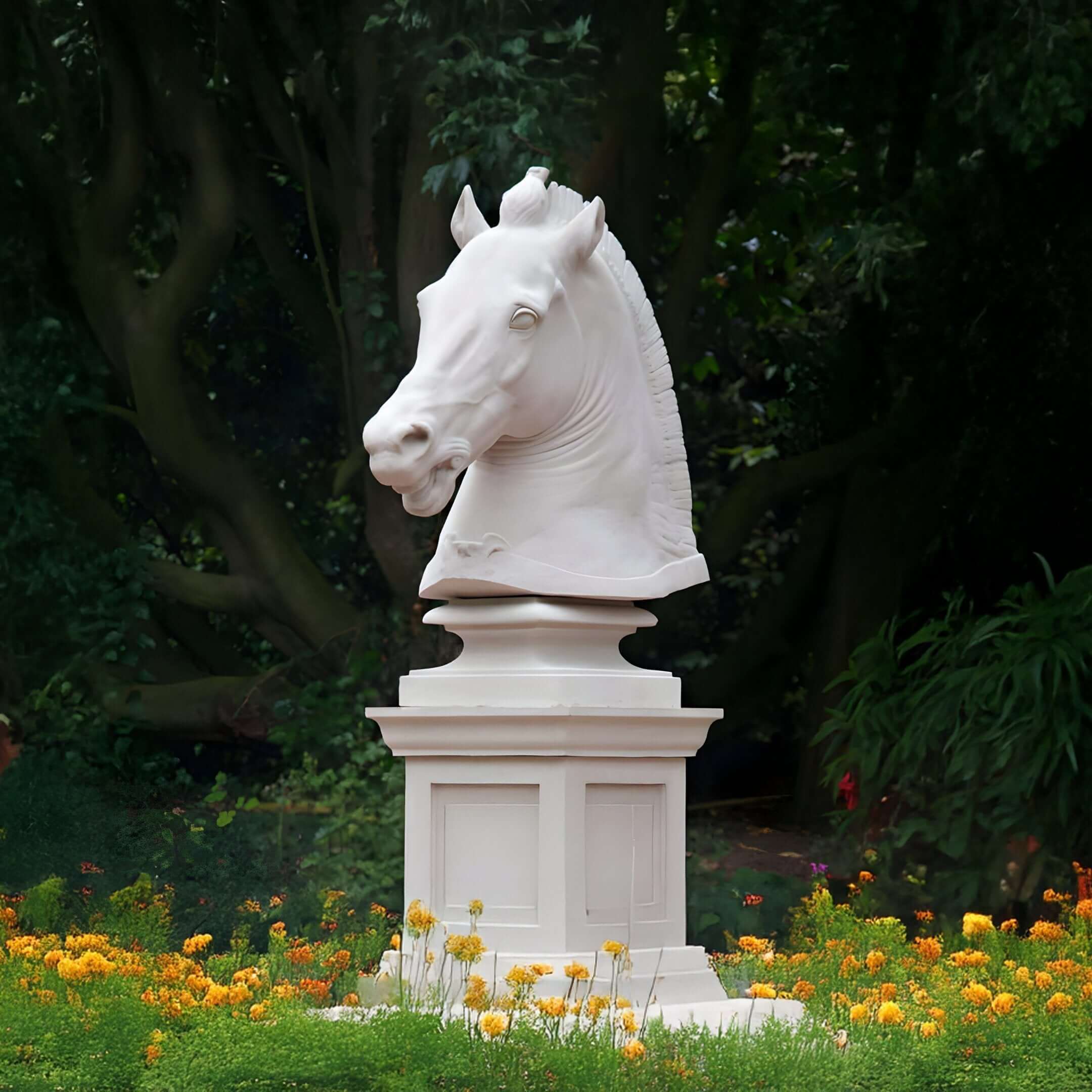 Classic white horse head statue on a pedestal, surrounded by marigolds in a shaded garden.