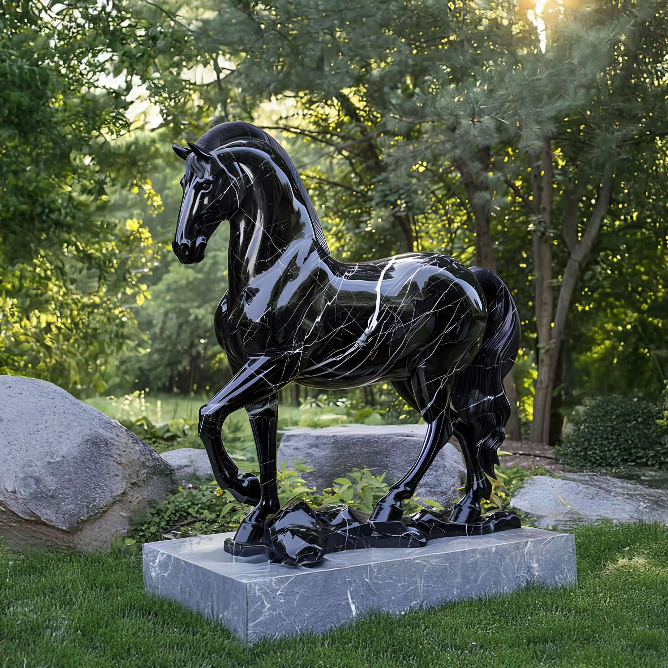 Glossy black horse sculpture on marble pedestal outdoors