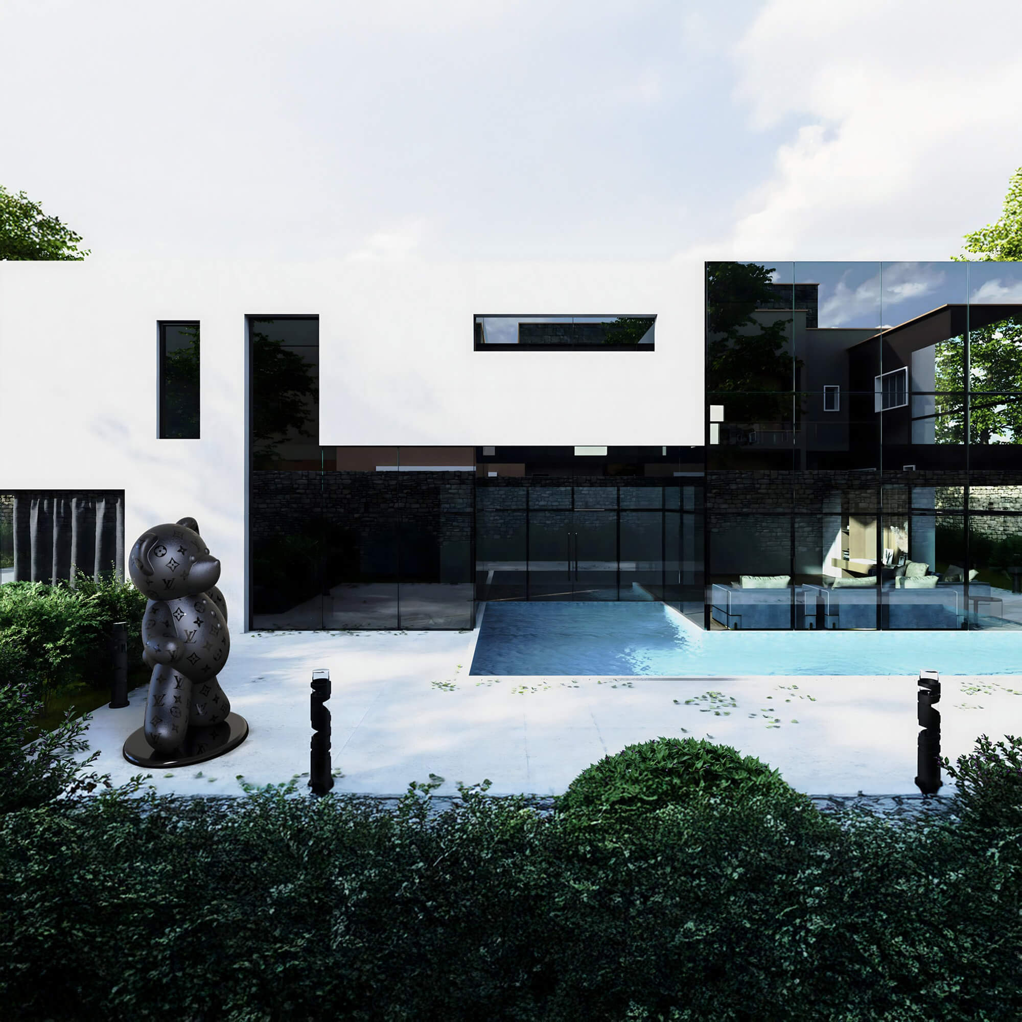 Black Bear Sculpture by Pool – A luxury black bear sculpture standing near a modern house with a sleek pool and lush greenery.
