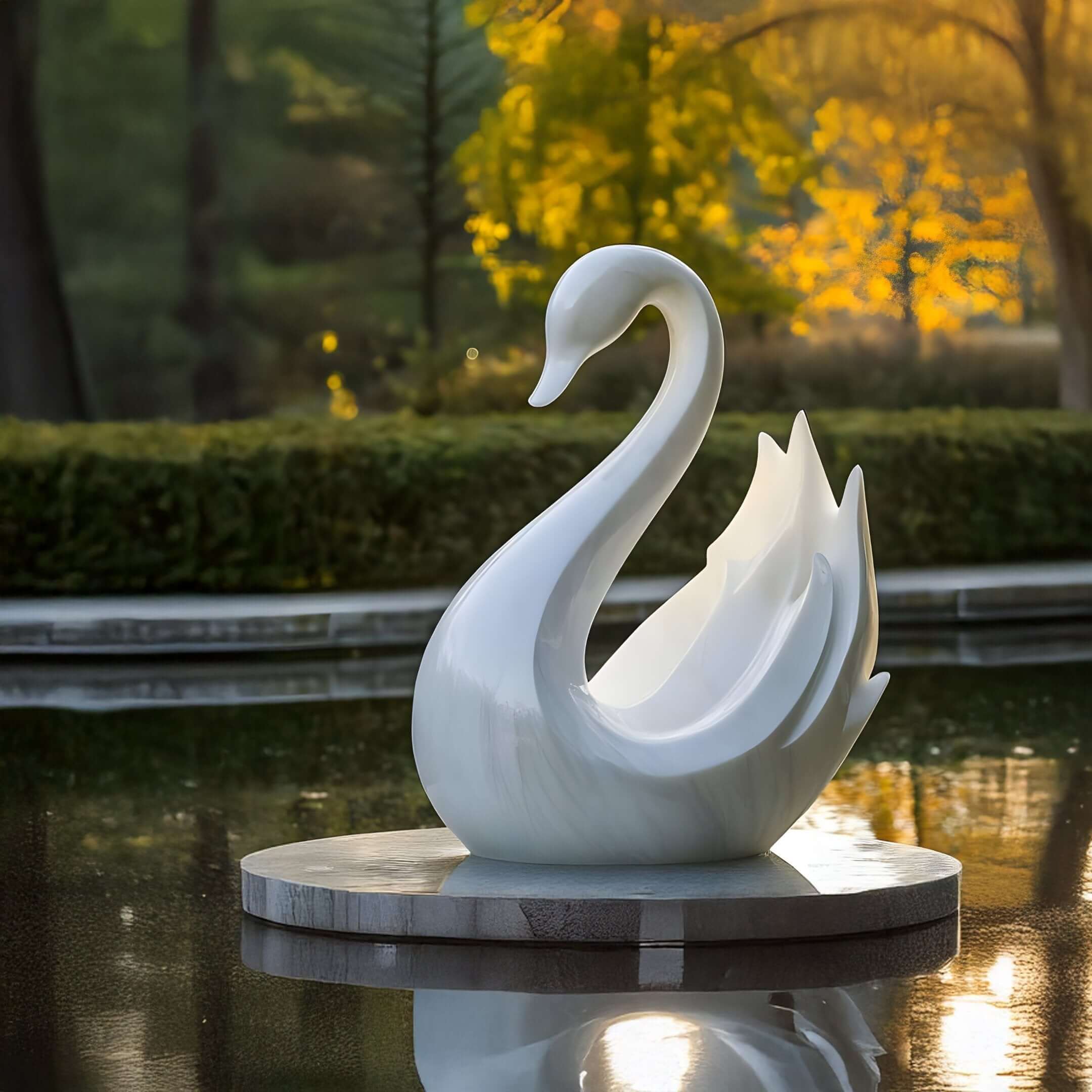 White swan sculpture floating on a reflective water surface.