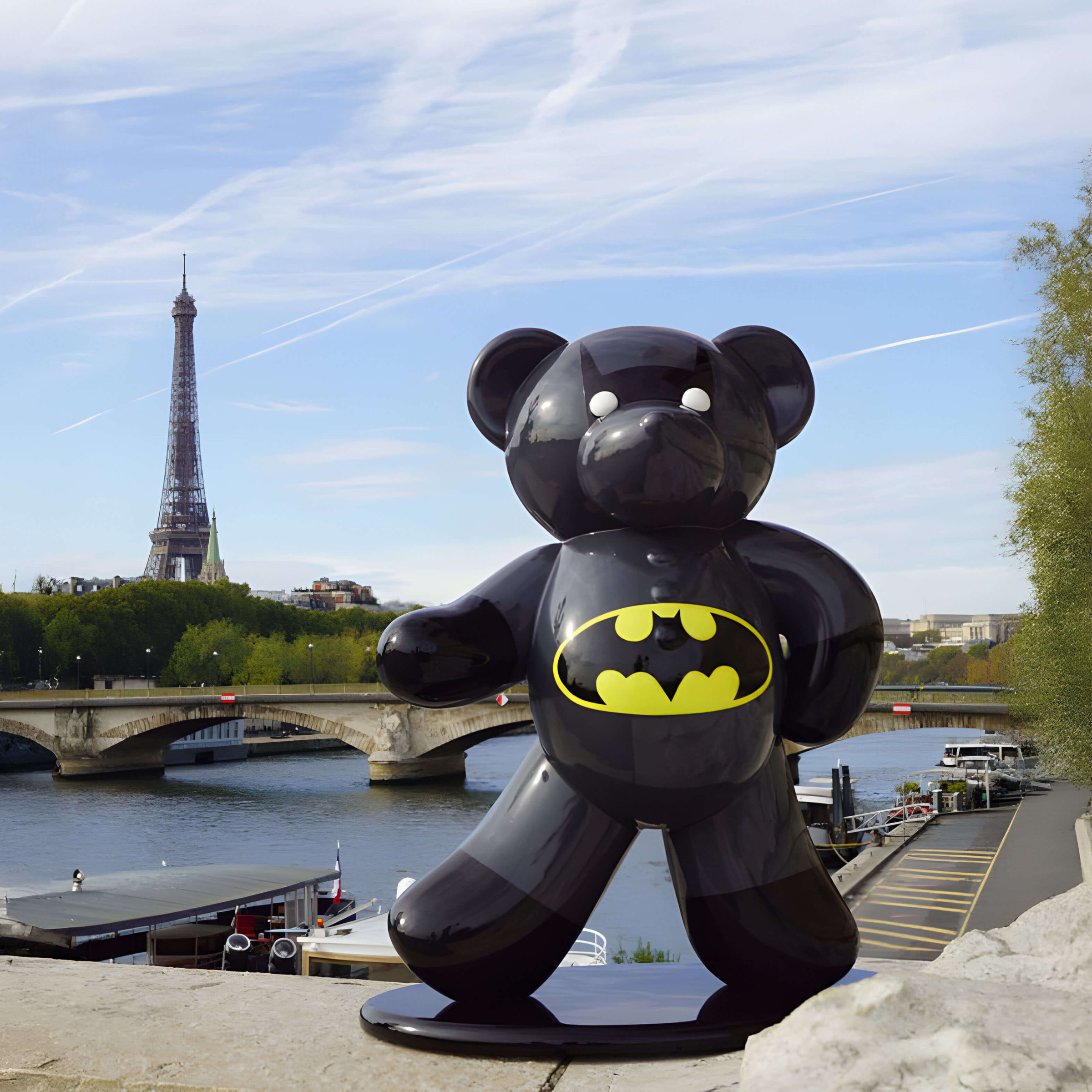 Black Bear Sculpture in Paris – A glossy black bear sculpture with a Batman logo, displayed near the Seine River with the Eiffel Tower in view.