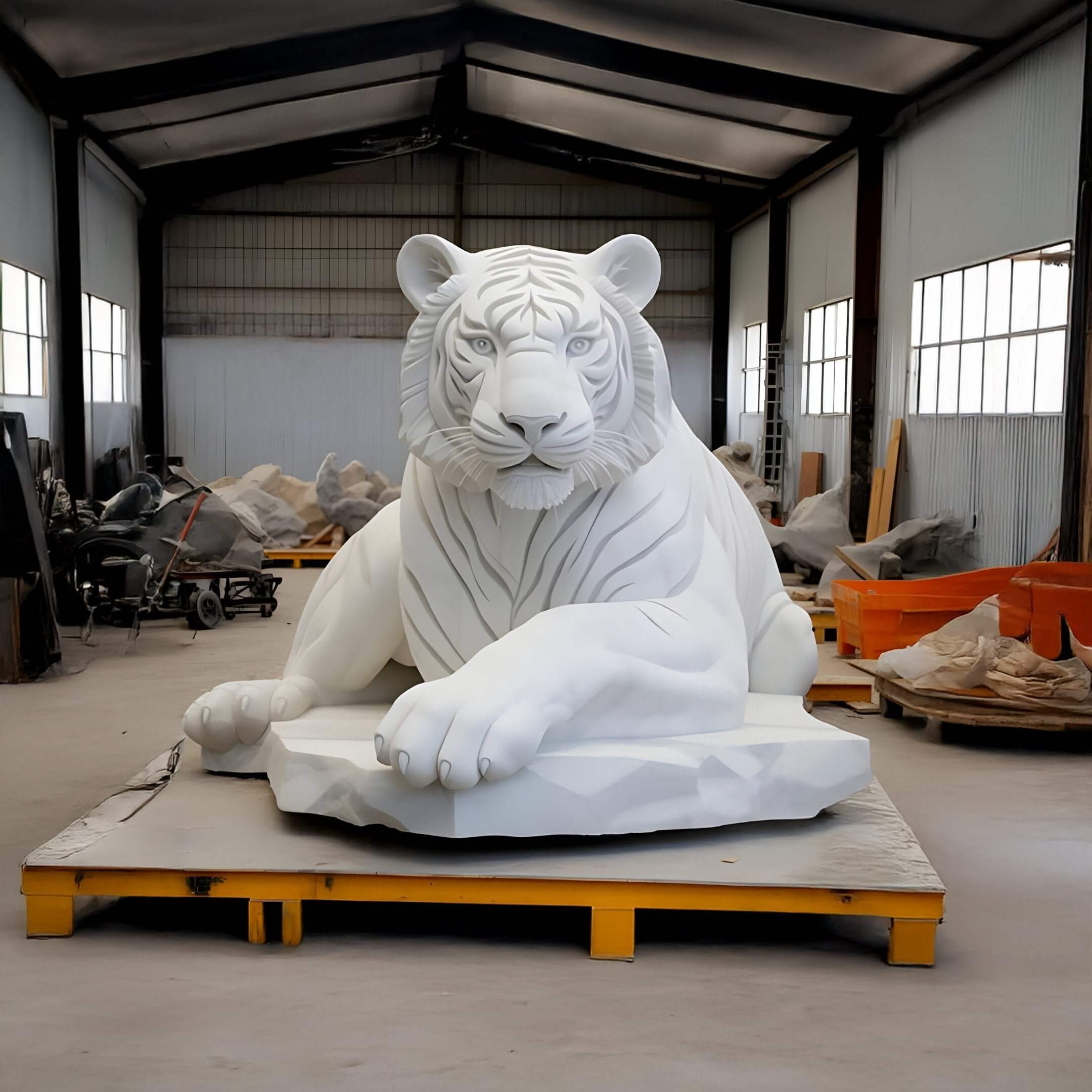 The Regal White Tiger Marble Outdoor Sculpture by Giant Sculptures, standing 120cm tall, majestically rests on a rocky base inside a warehouse. Intricately detailed, this stunning garden statue is surrounded by tools for its transformation into an outdoor masterpiece.