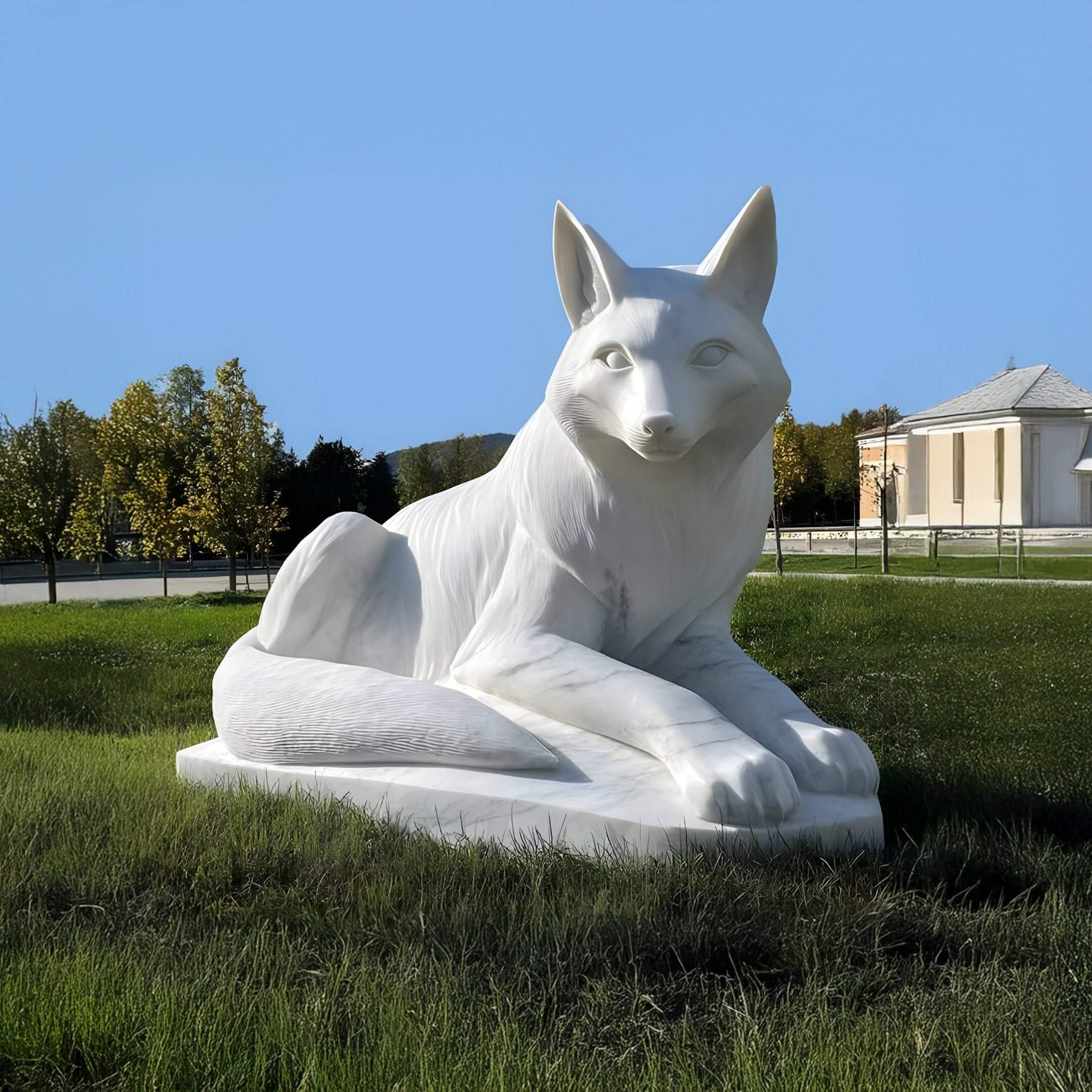 The Alert Lying Fox Marble Outdoor Sculpture by Giant Sculptures, at 80cm, graces the grassy lawn against trees and blue sky. This exquisite garden statue is complemented by a building with a sloped roof in the distance.