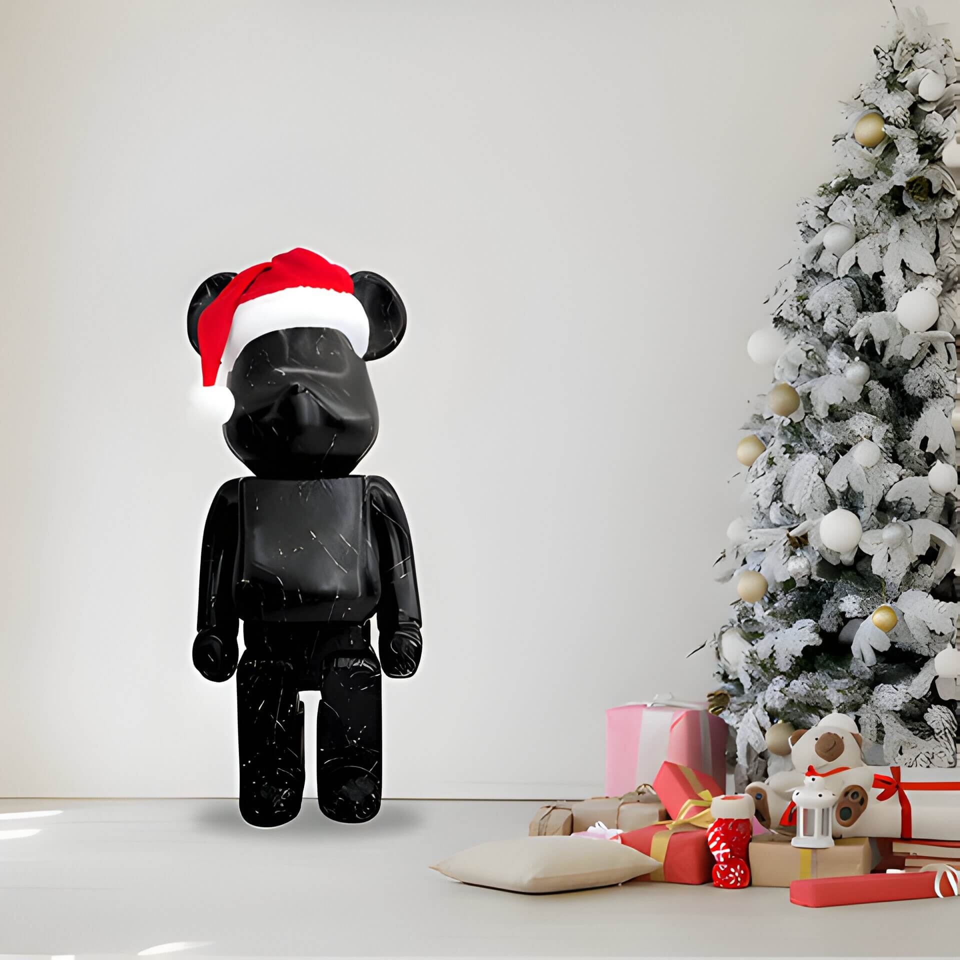 A black giant bear sculpture wearing a santa hat next to a Christmas tree