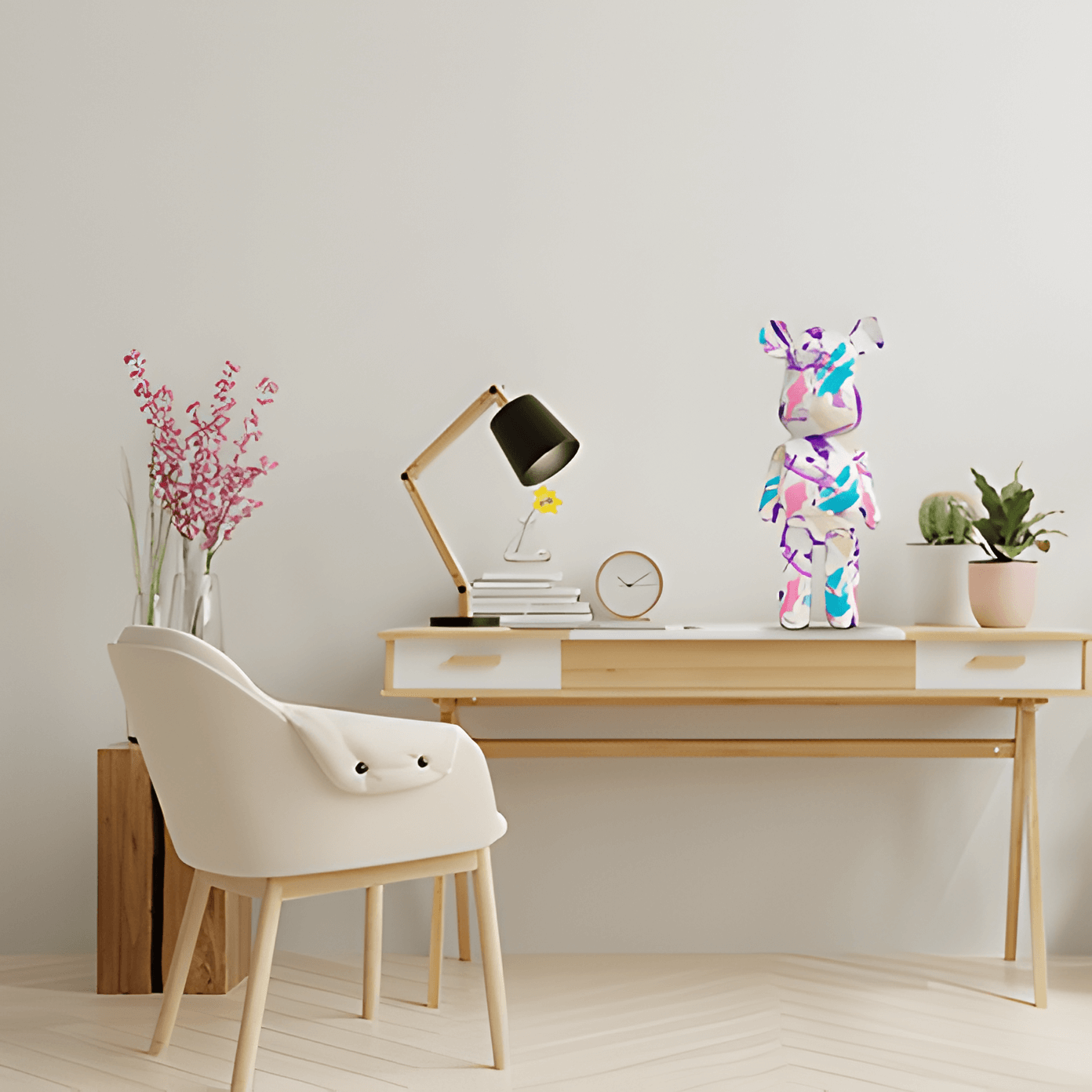 a pink, purple and blue giant bear sculpture on top of a modern desk