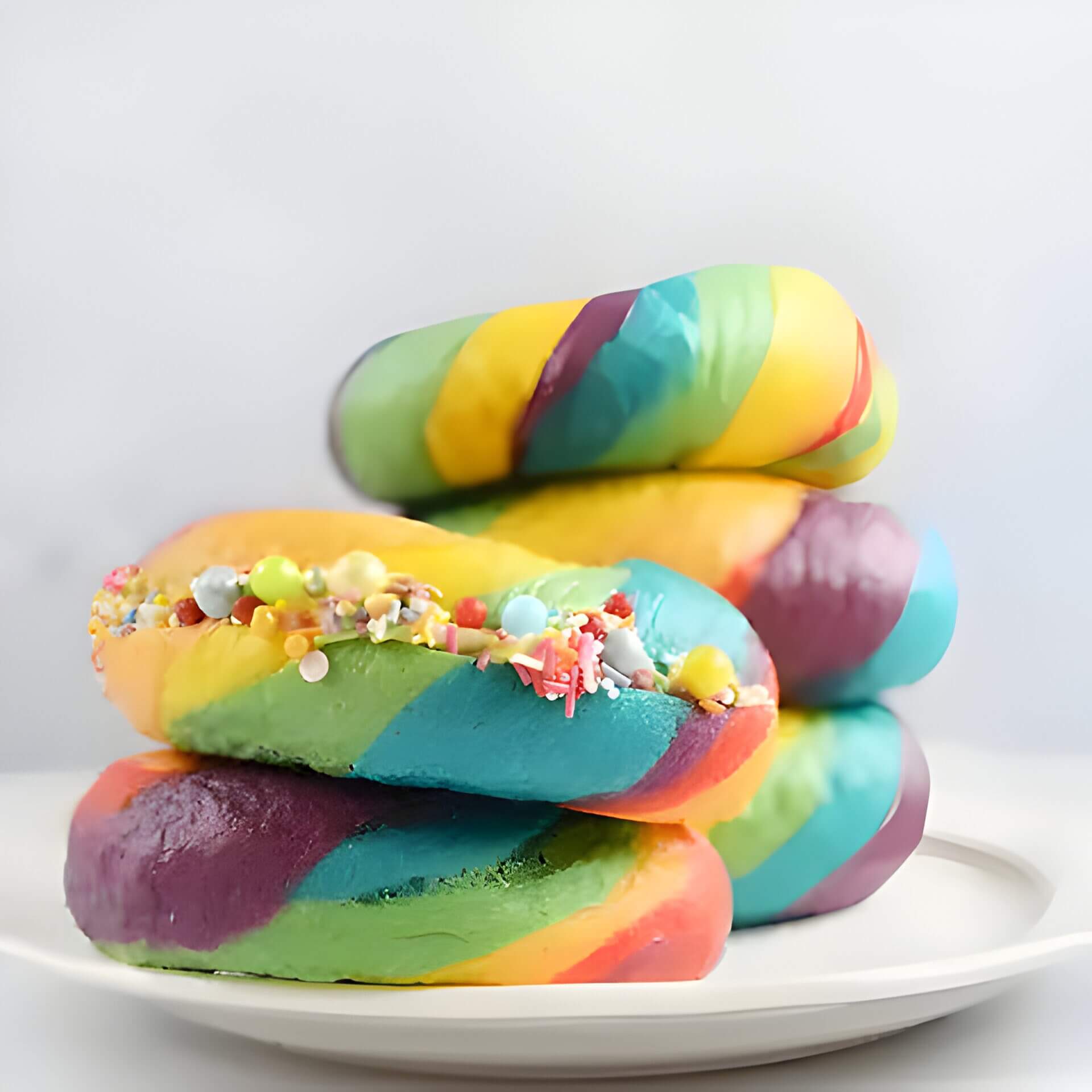 rainbow coloured bagels with sprinkles inside