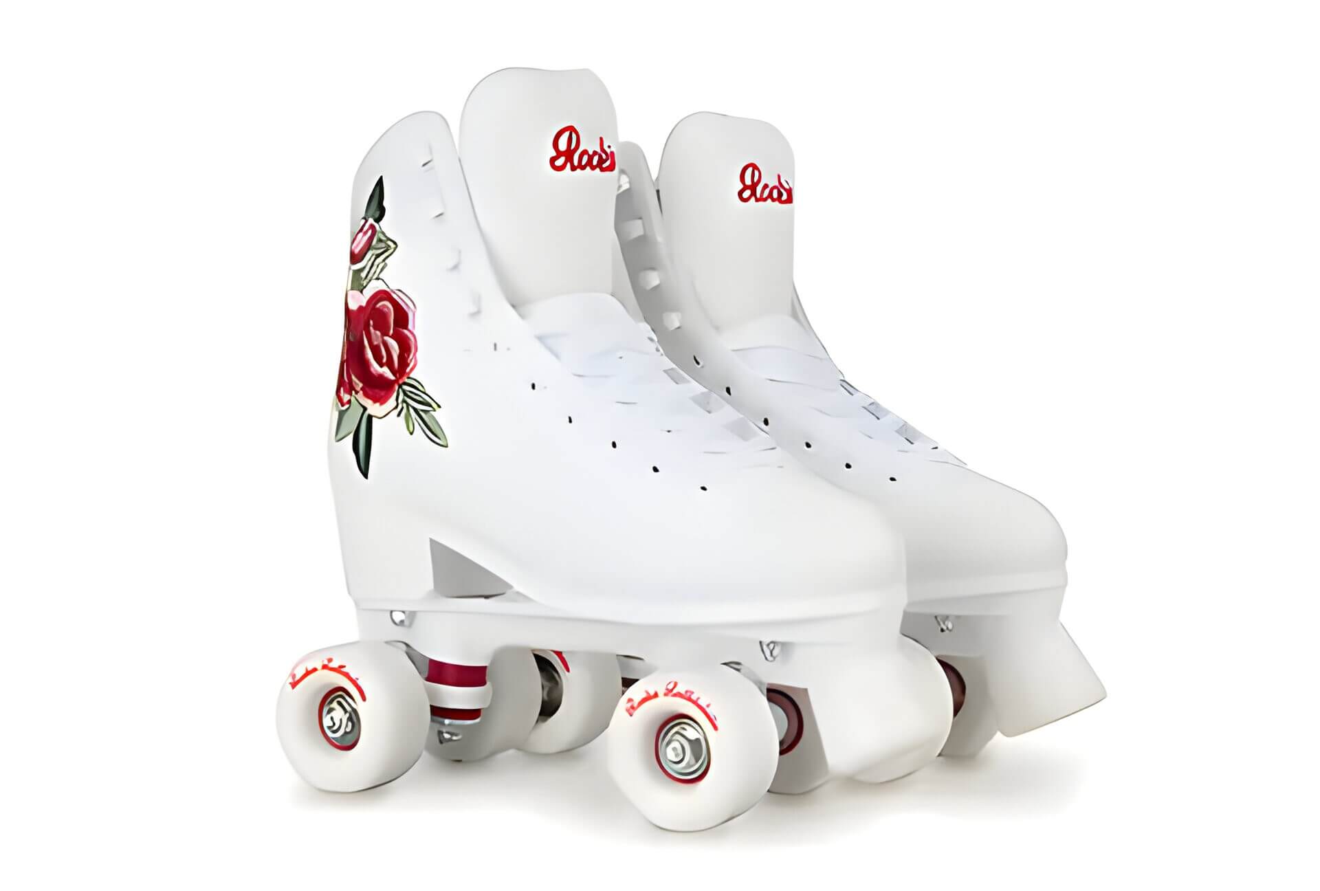 white roller skates with red flowers