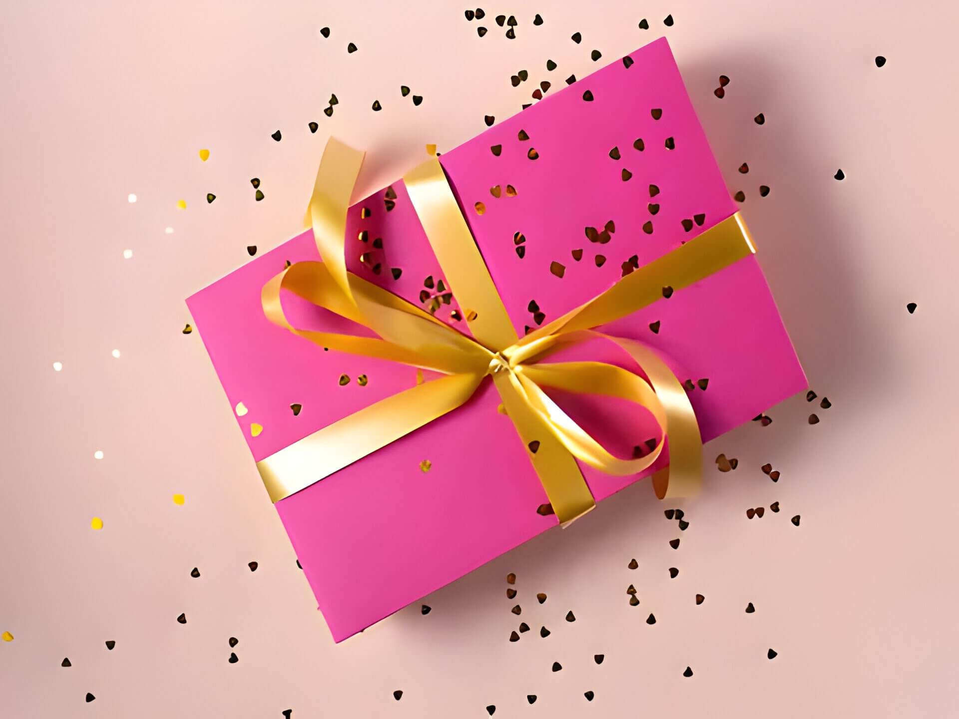 A pink gift box wrapped in a gold ribbon
