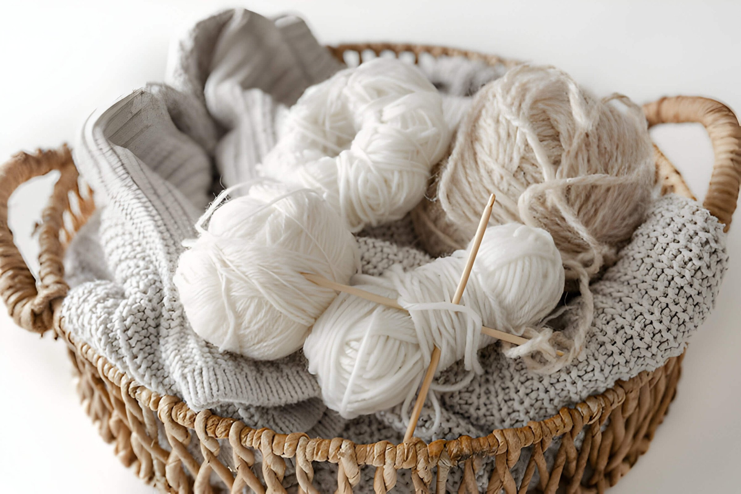 grey and white yarn in a wicker basket