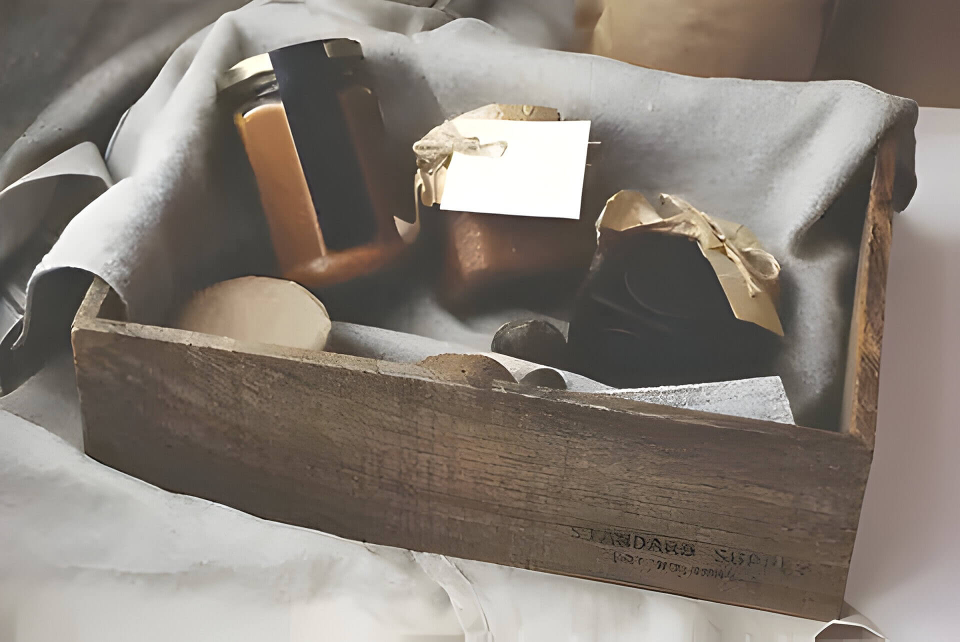 a homemade wooden hamper with various gifts inside