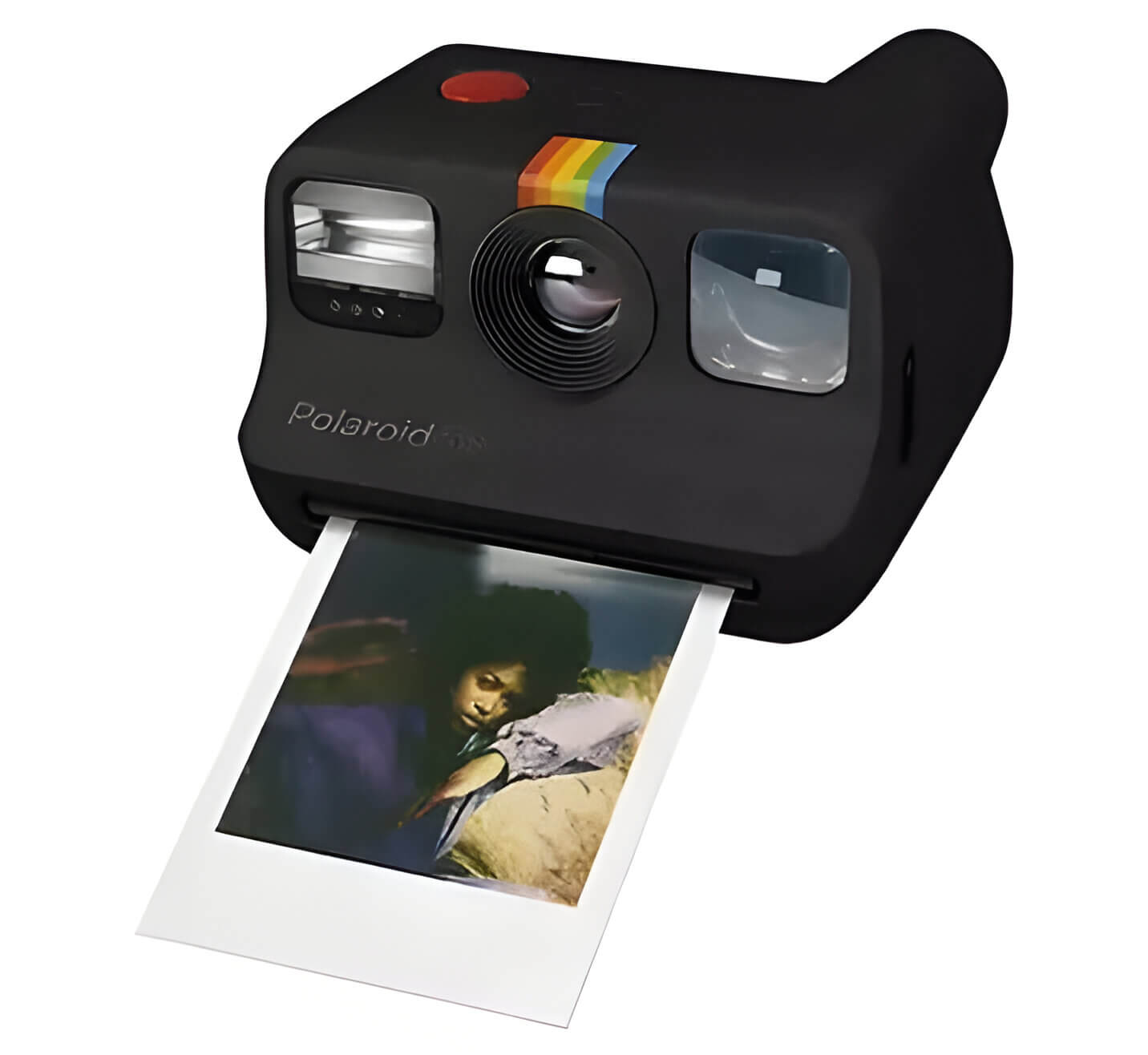 a black polaroid camera with a photo of a woman printed