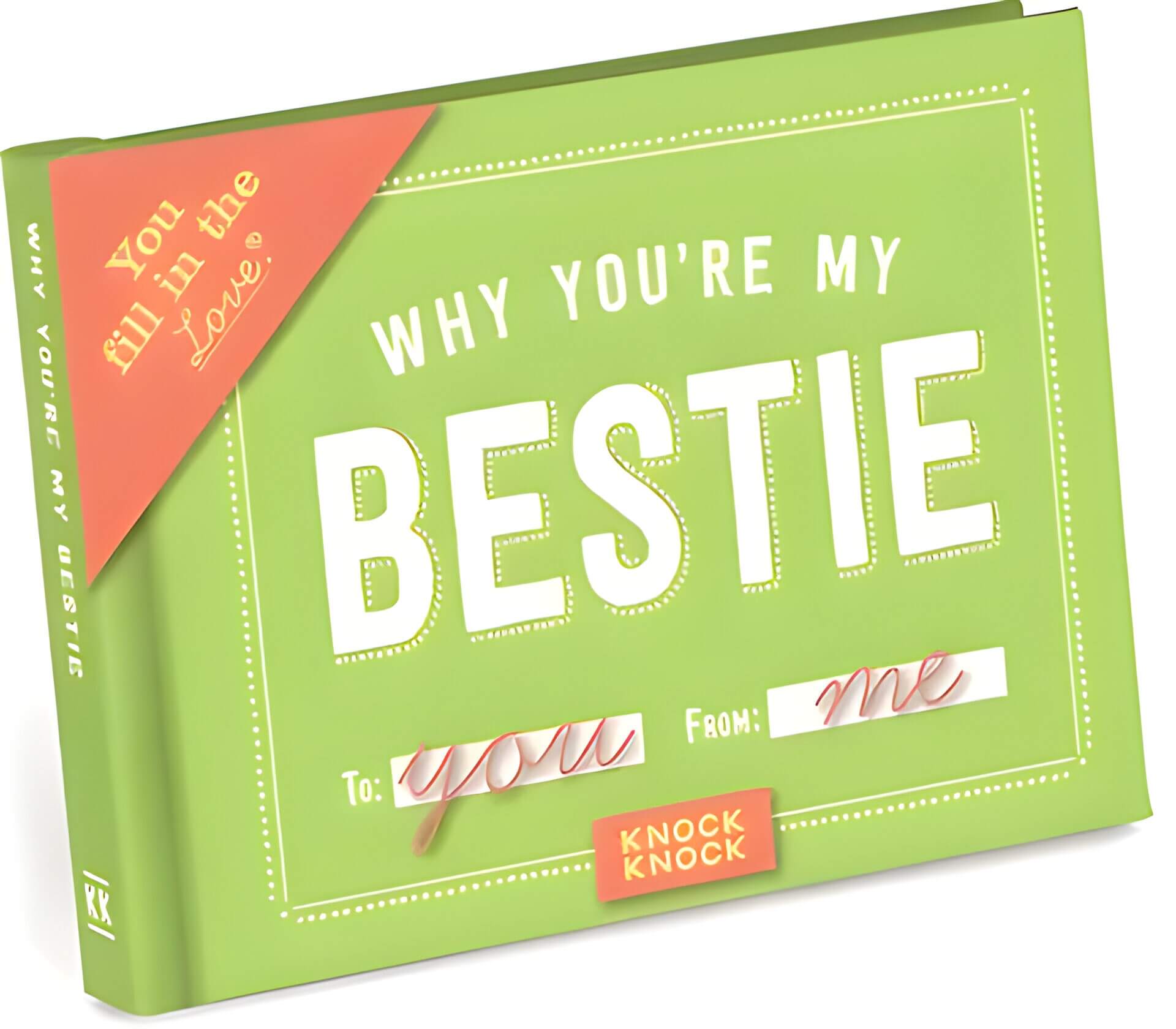 a green book with "why you're my bestie" in white text