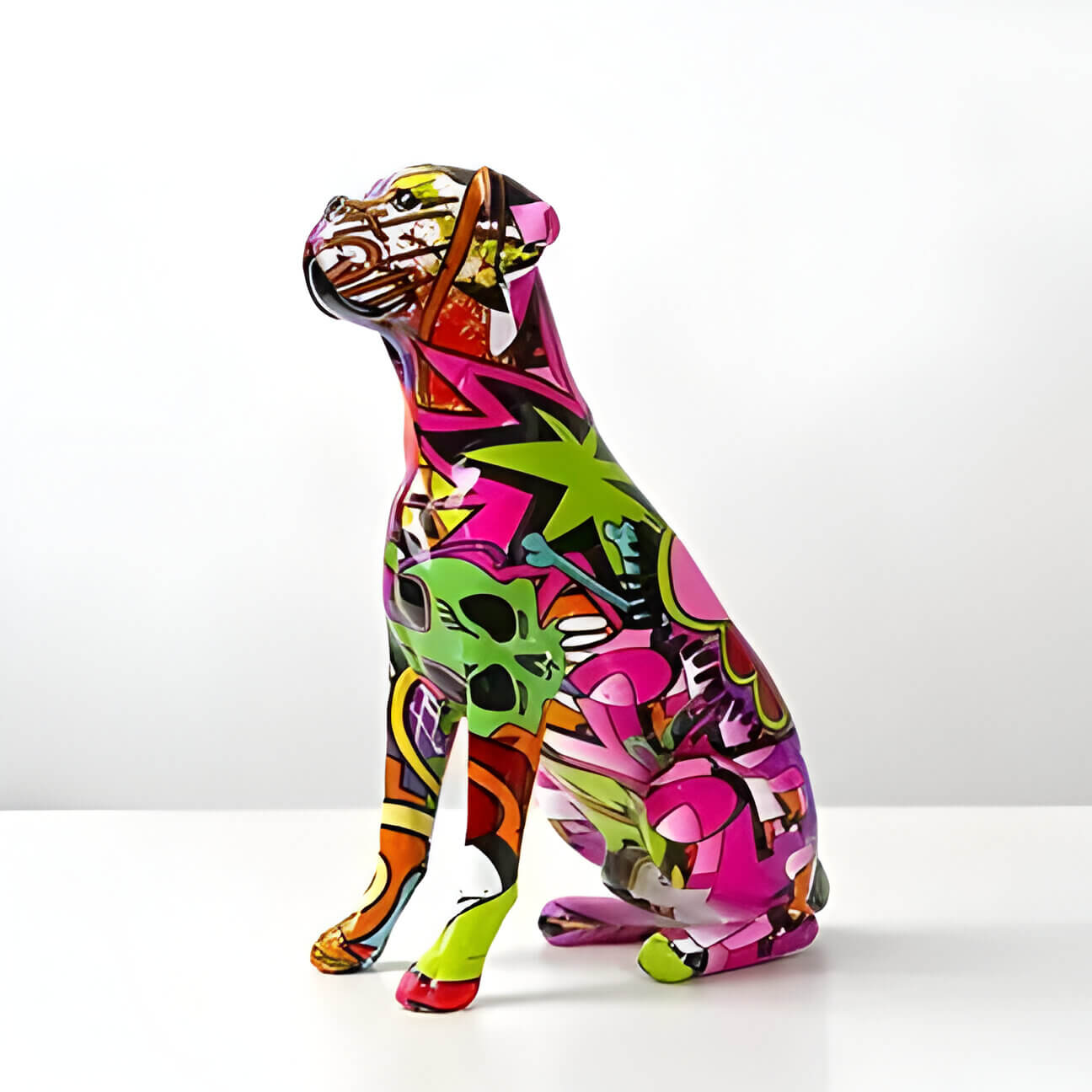 a pop art brightly coloured sculpture of a boxer dog