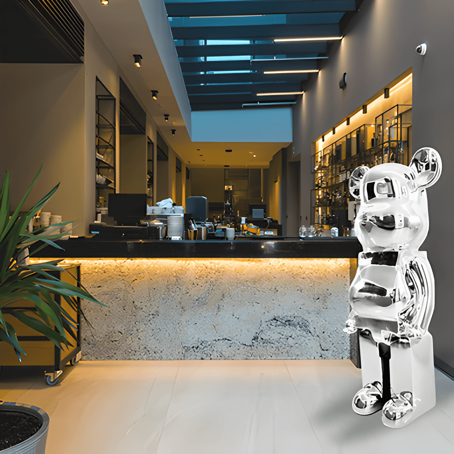 a chrome giant bear sculpture situated in a modern entrance lobby