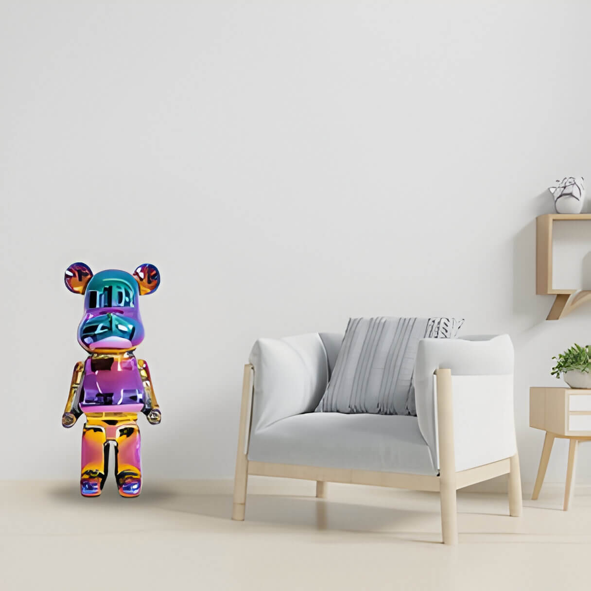 a multi coloured iridescent giant bear sculpture situated in a modern minimal living room