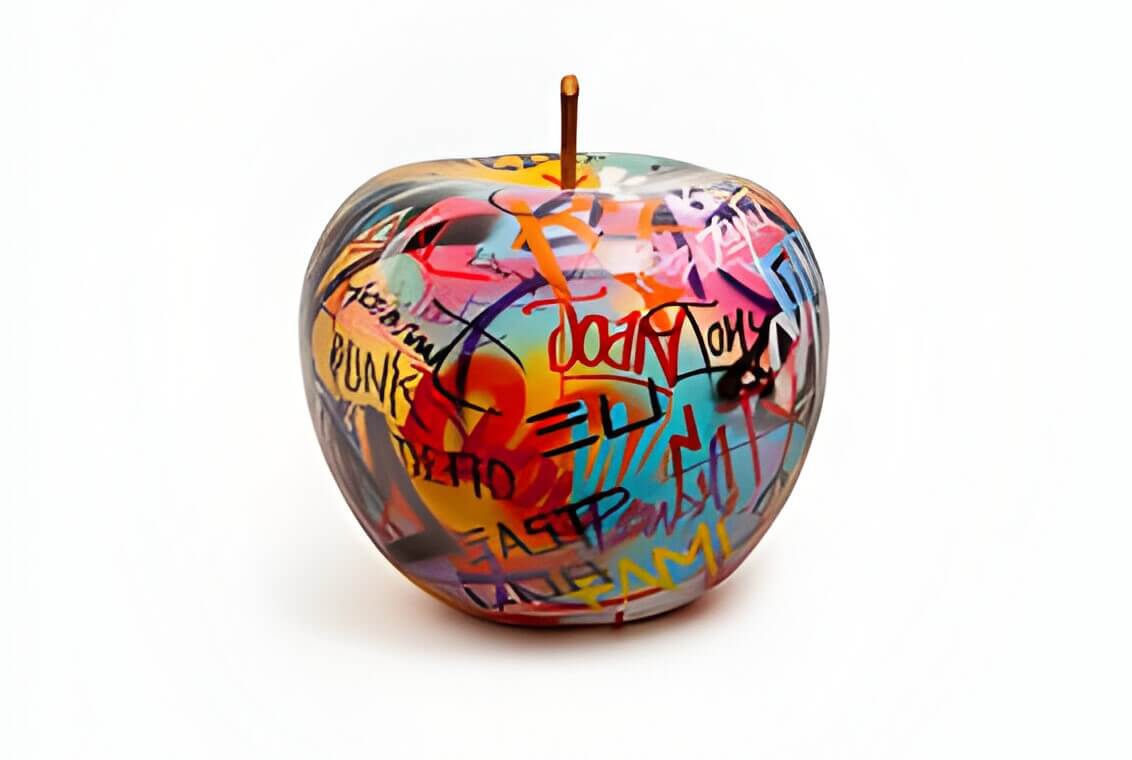 a brightly coloured graffiti apple sculpture