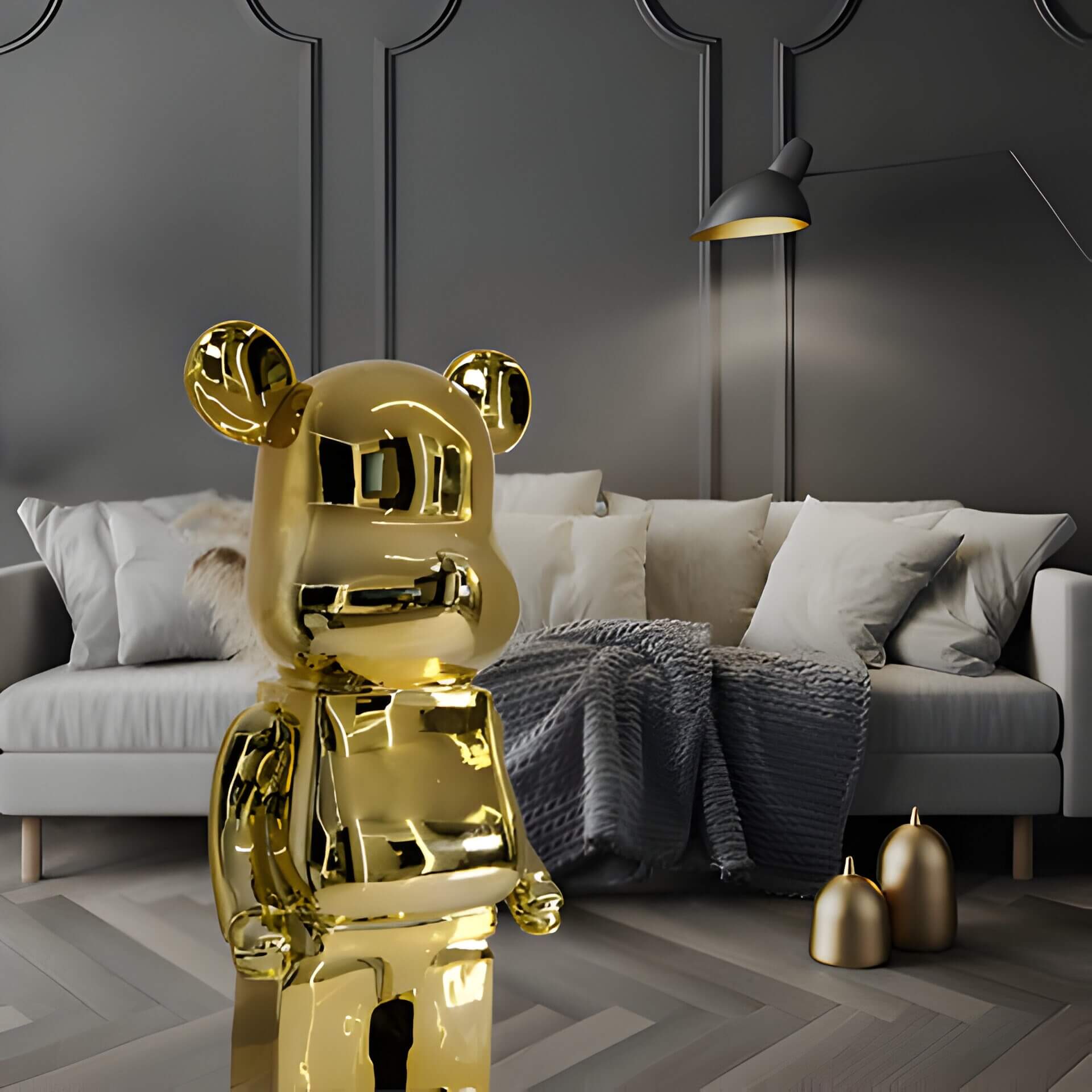 Gold plated Giant Bear Statue in Grey Interior Room