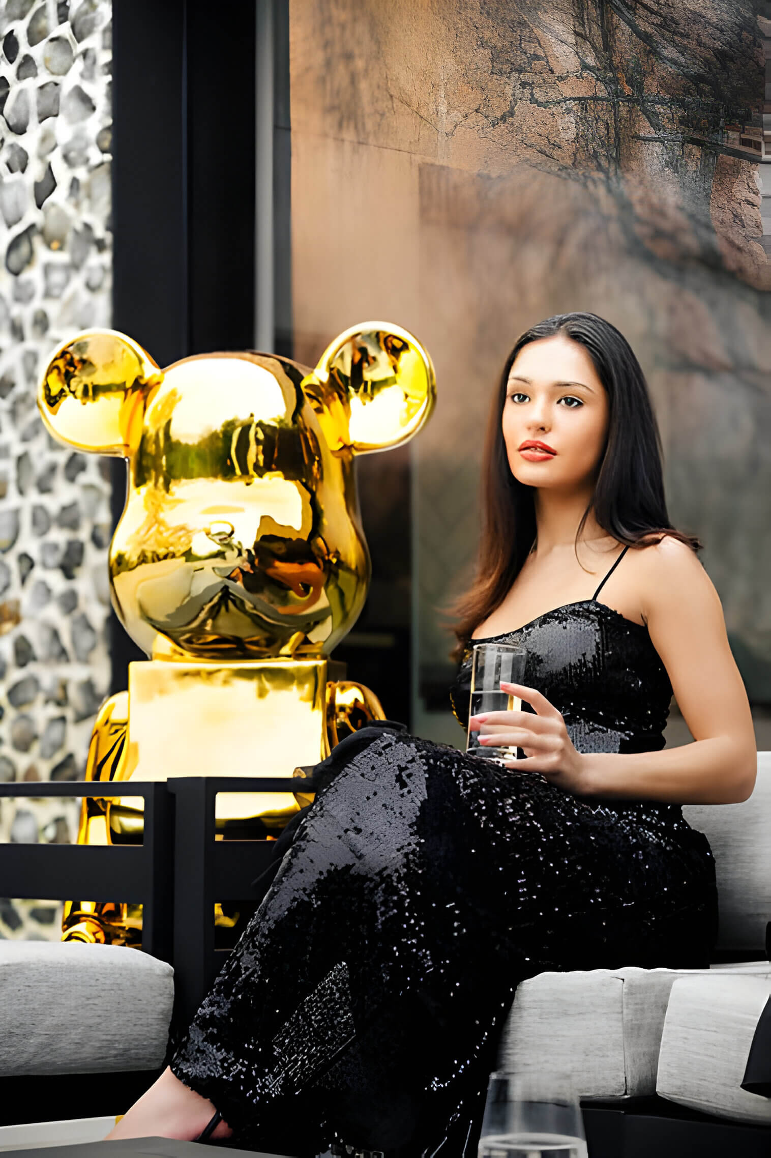 135cm gold giant bear figurine next to an elegant lady