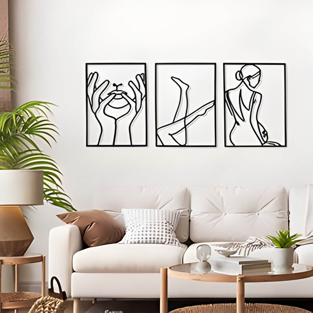 a minimal style living room with black abstract wall art
