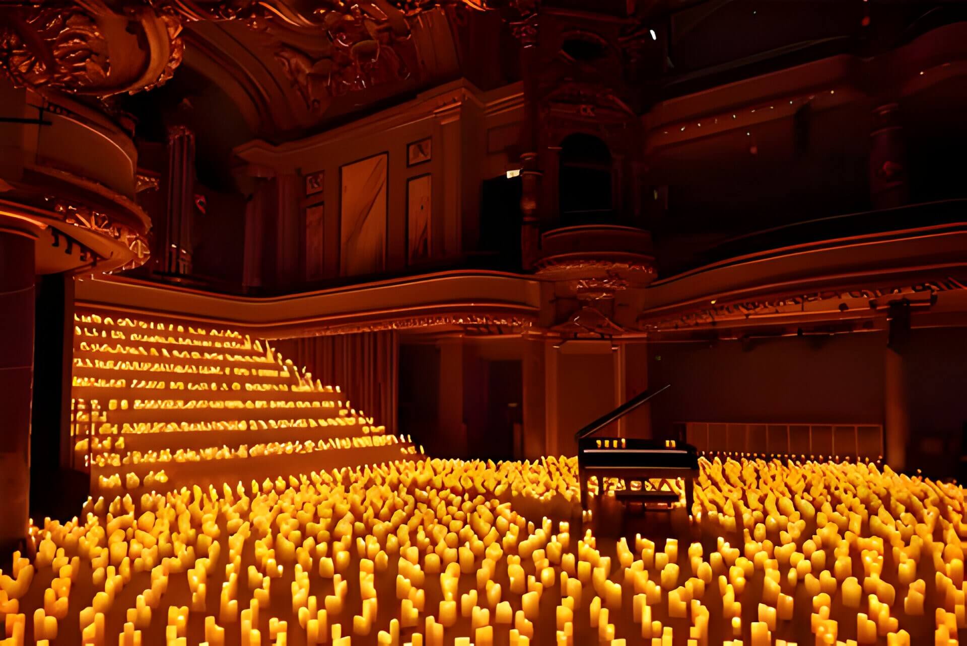 A church filled with candles in dim lighting