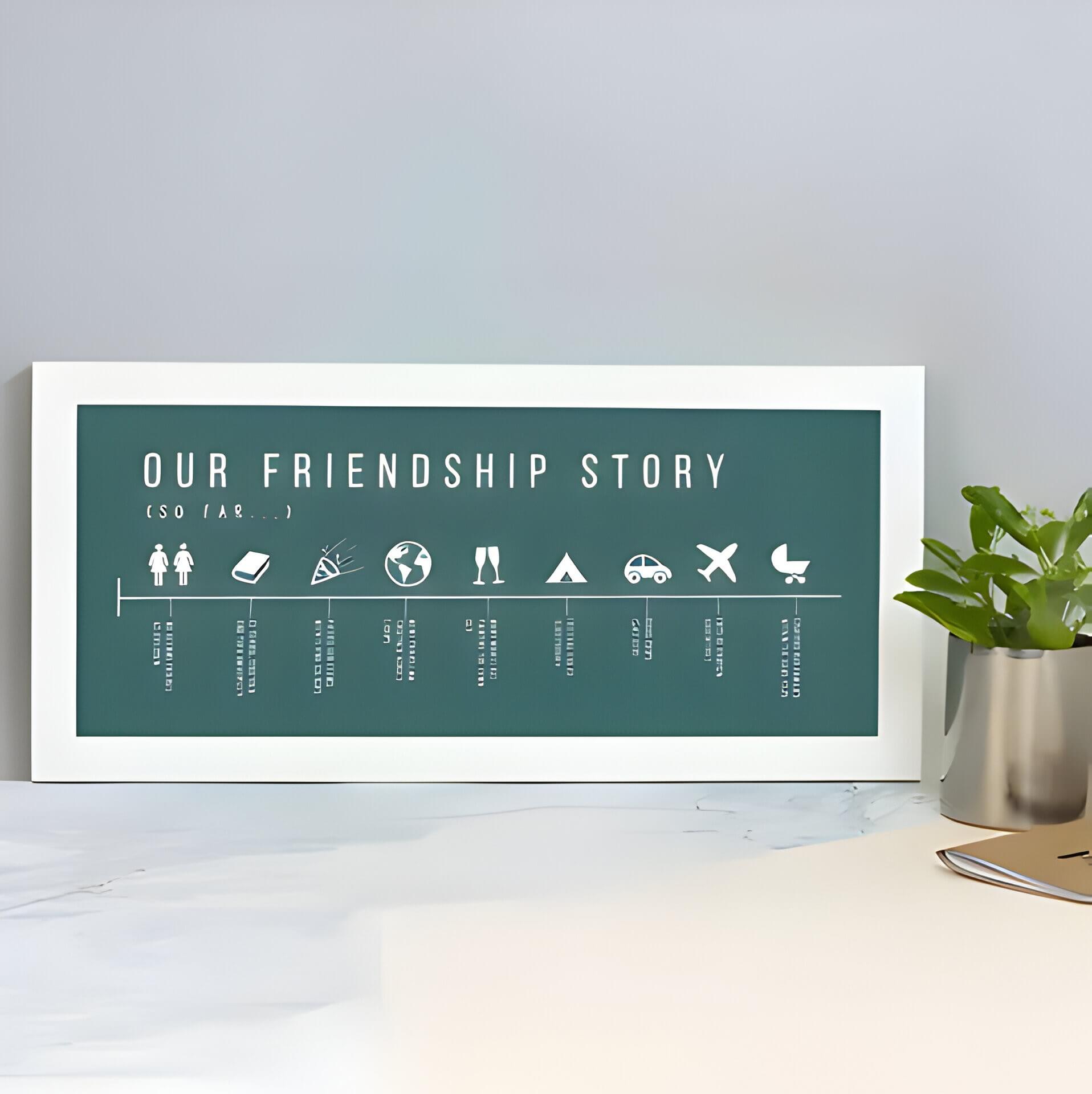 a green friendship story timeline image, with white text