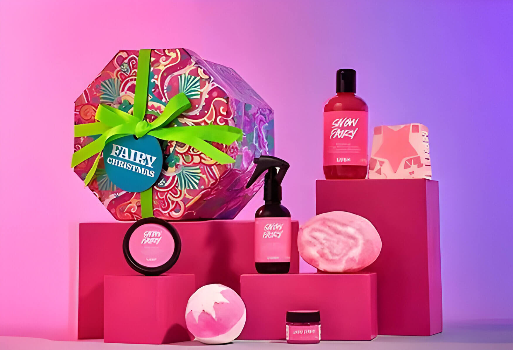 a Lush festive body wash set with a neon pink theme labelling