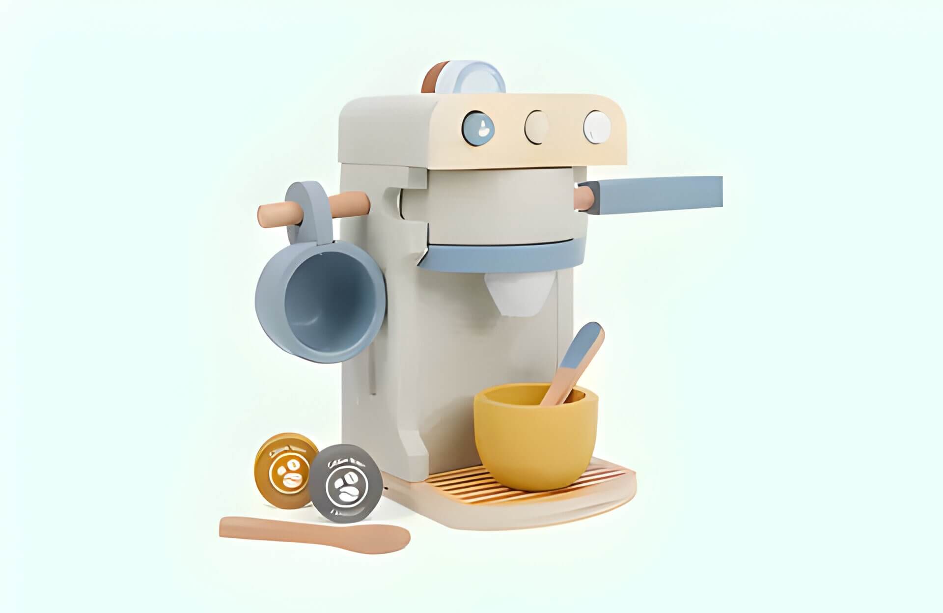 a children's wooden barista machine