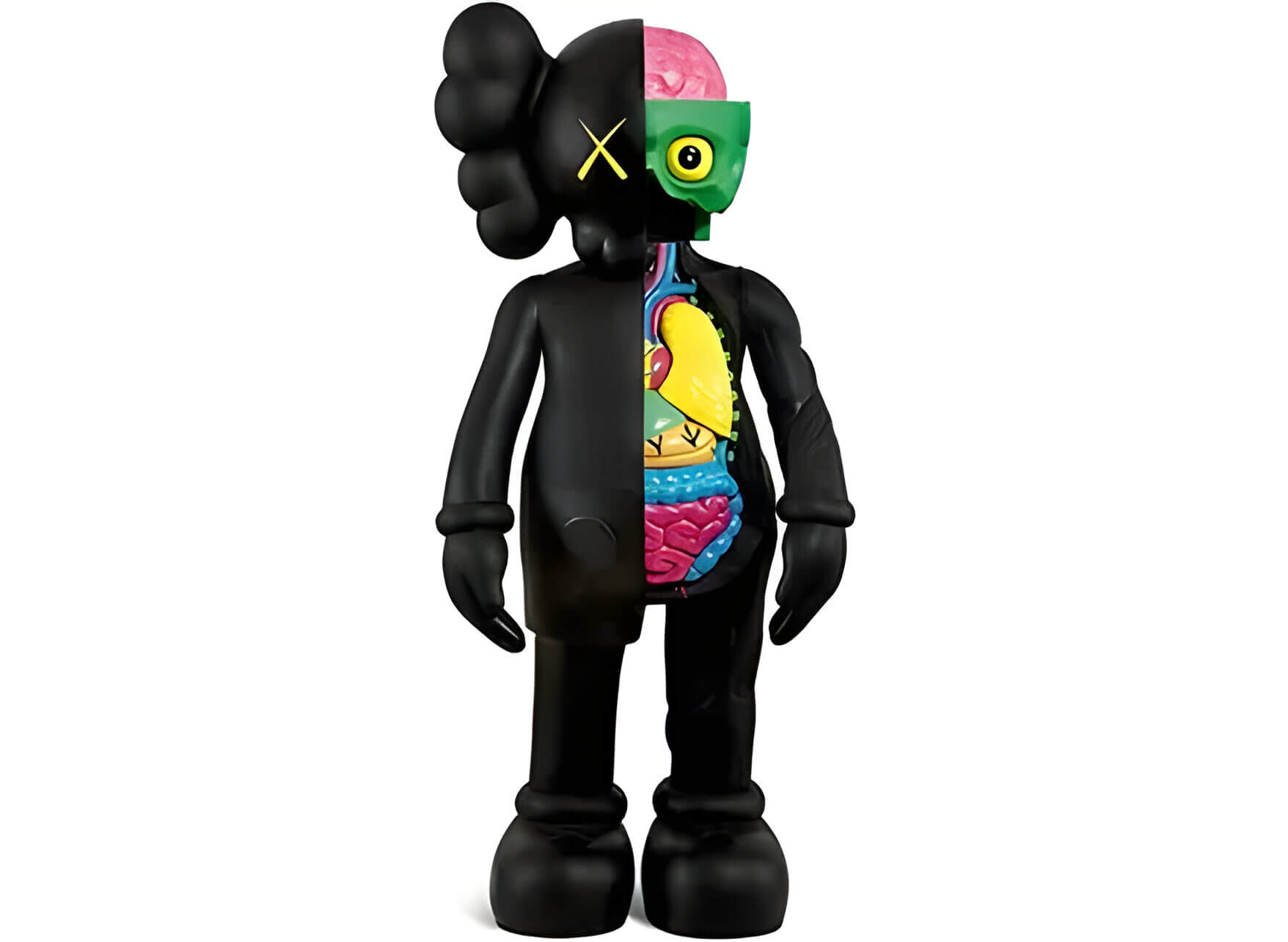 a black and multicoloured kaws sculpture